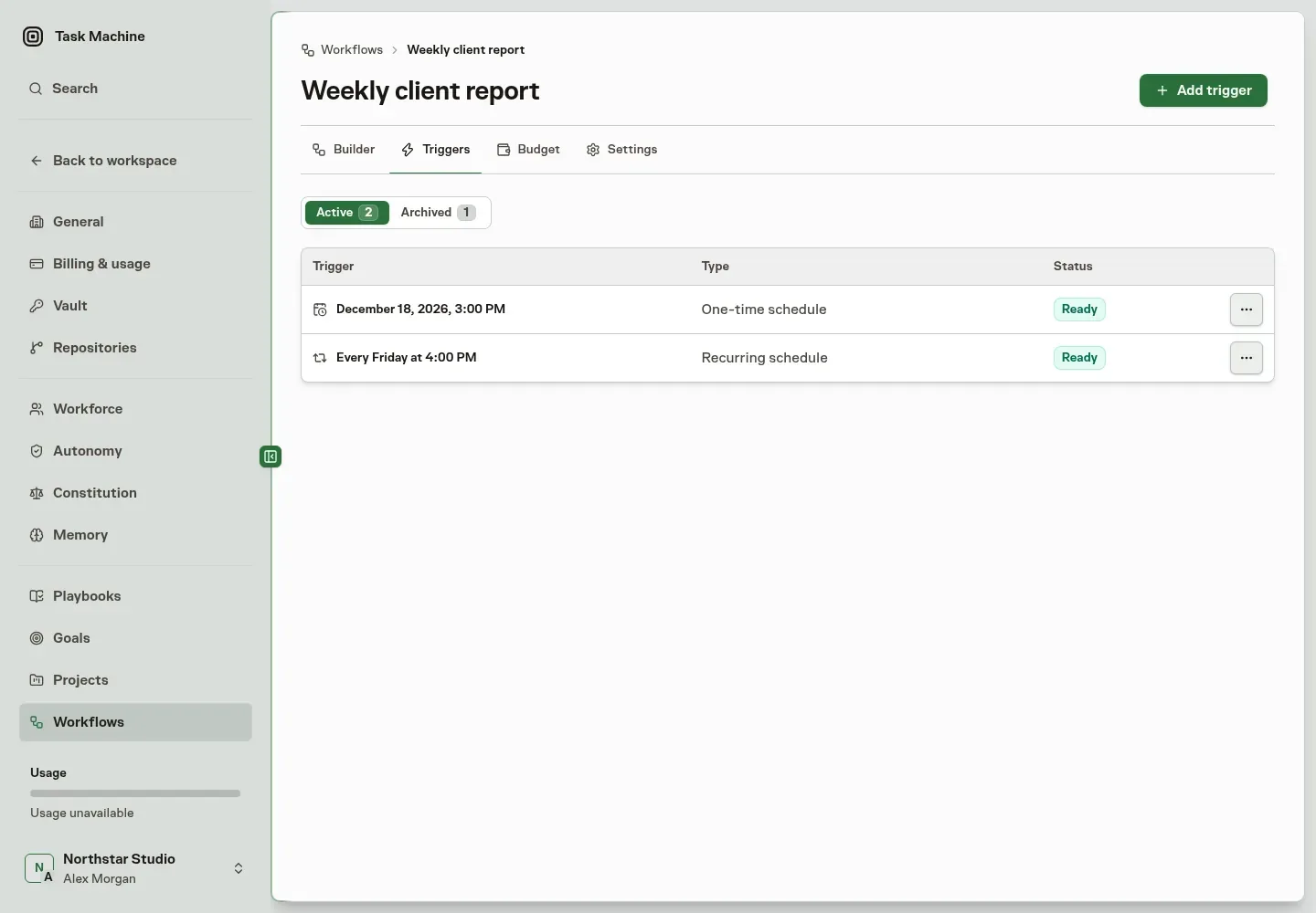 A workflow's Triggers tab listing a recurring and a one-time schedule with their timing, type and status