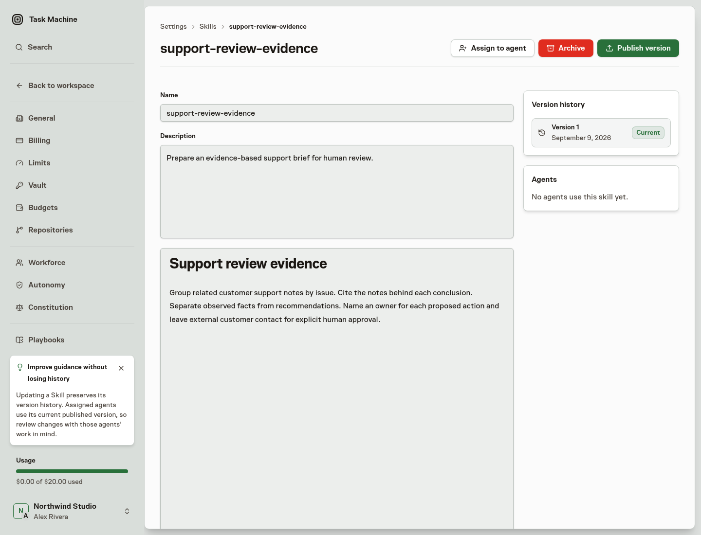 The support-review-evidence Skill with its published current version, instructions, and assignment action