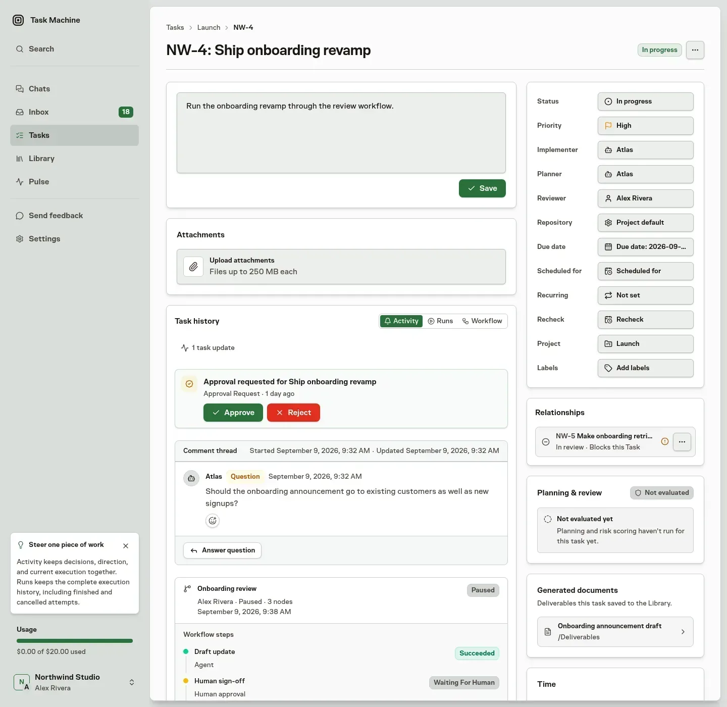 The Task's Relationships sidebar identifying NW-5 as work that blocks this Task