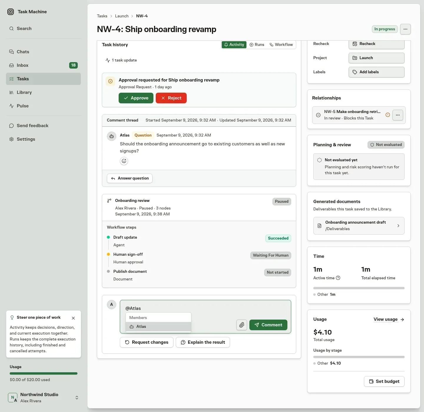 The Task comment composer showing Atlas as the matching Agent after typing @Atlas