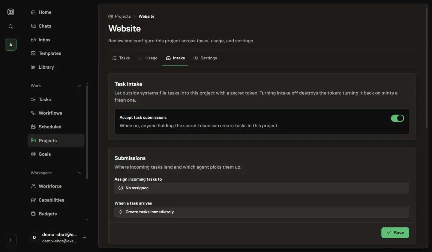 The project's Intake tab with intake enabled — the Accept task submissions switch turned on above the Submissions card for choosing an assignee and whether tasks arrive live or as proposals