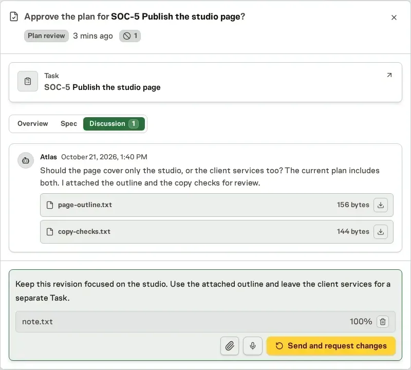 The Discussion tab of a Work Spec review, with the planner's question, supporting files, and the reply box that requests changes