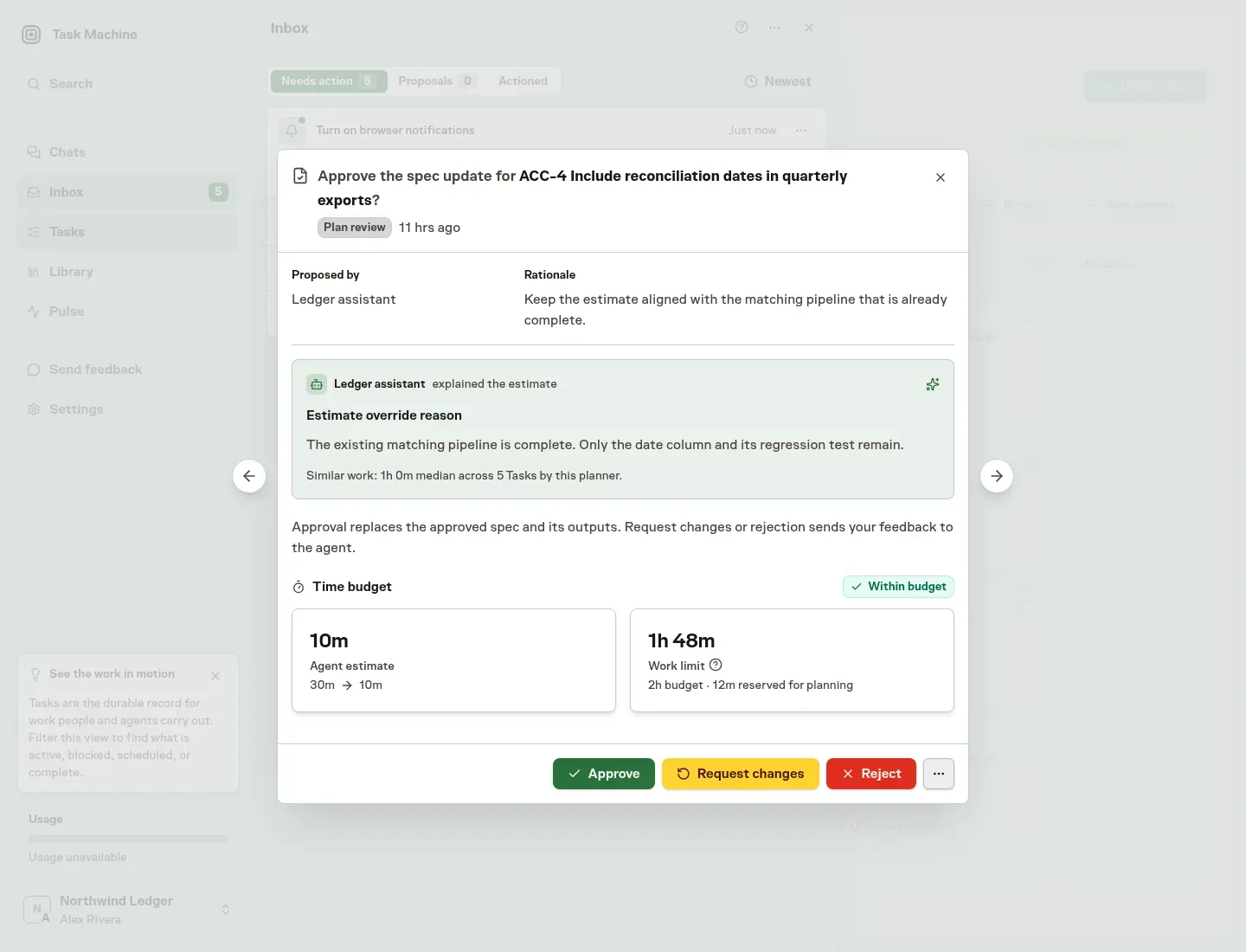 An Inbox spec-update review showing the agent's estimate override reason, similar work, current work limit, and the three decision actions