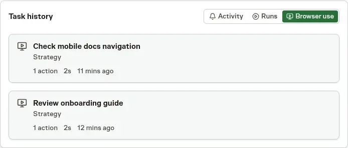 The Browser use tab on a Task with named visual-history cards for onboarding and mobile navigation checks