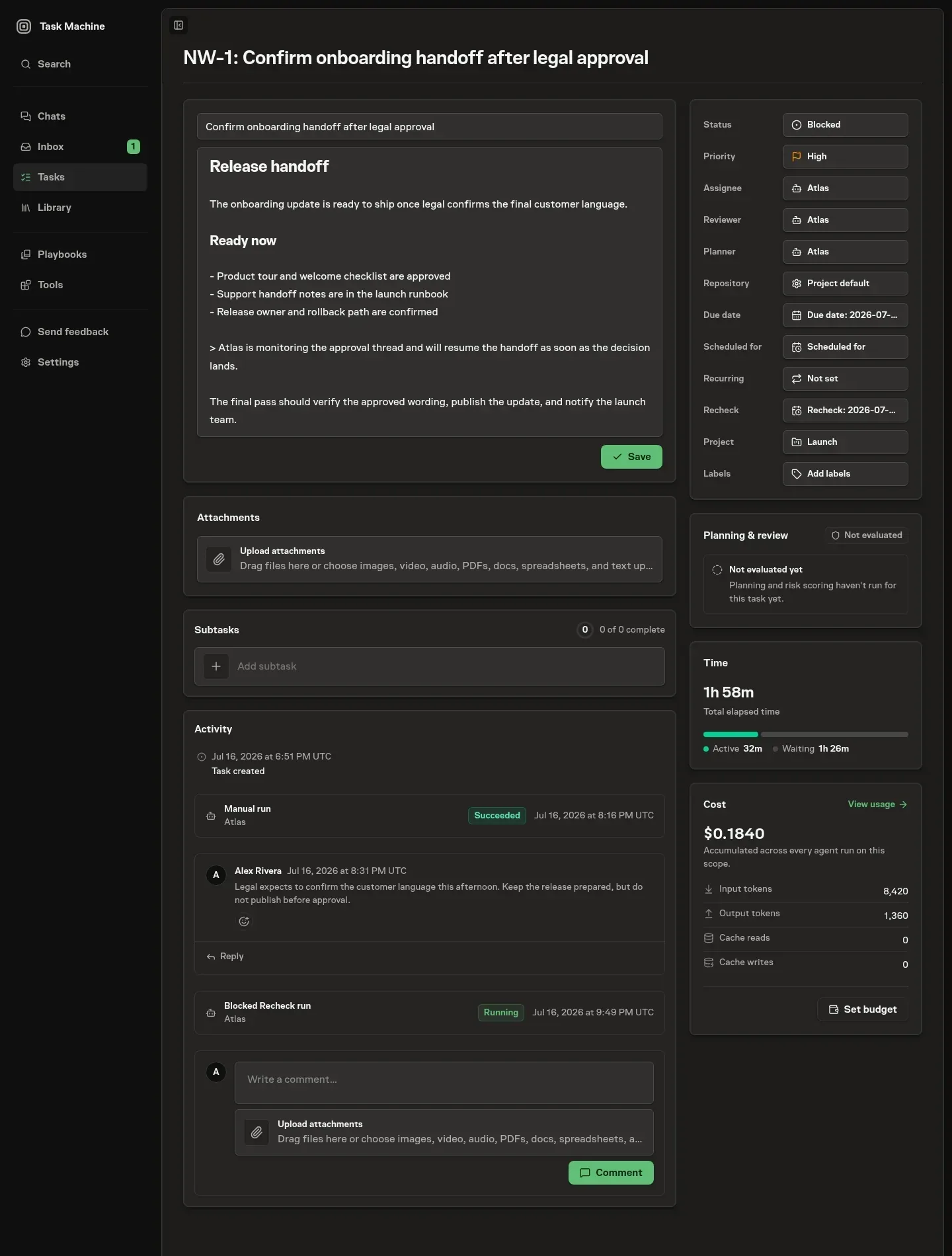 A single task open, showing its title and markdown description on the left and a properties panel — status, priority, assignee, project — on the right