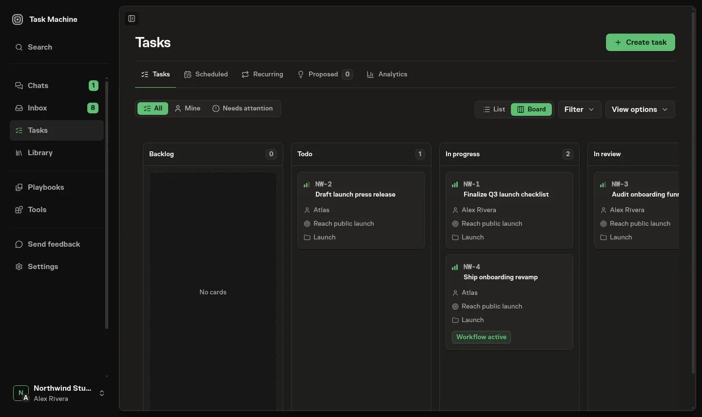 The Tasks board with All selected, grouping cards into status columns and showing each task's number, title, assignee, goal, project, and workflow state
