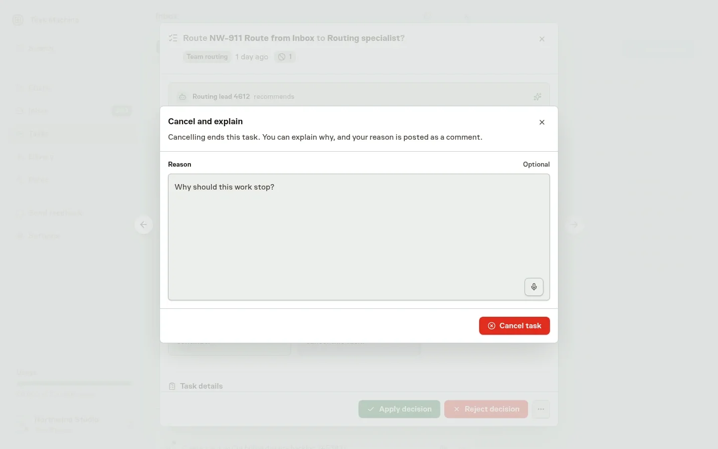 The Cancel and explain dialog opened over an Inbox Team triage review, with an optional Reason field and a Cancel task button