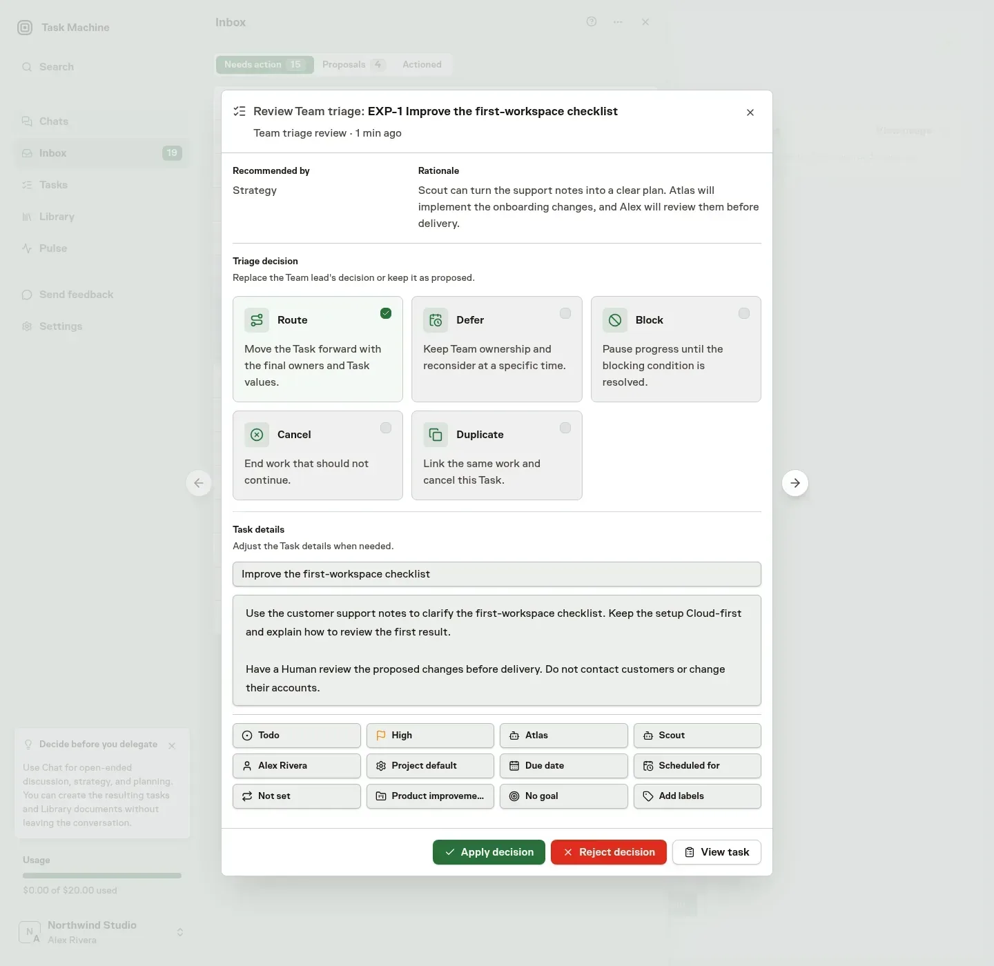 An Inbox Team triage review showing Strategy's rationale, routing choices, Task details, Scout and Atlas assignments, Human review, and Apply decision and Reject decision actions