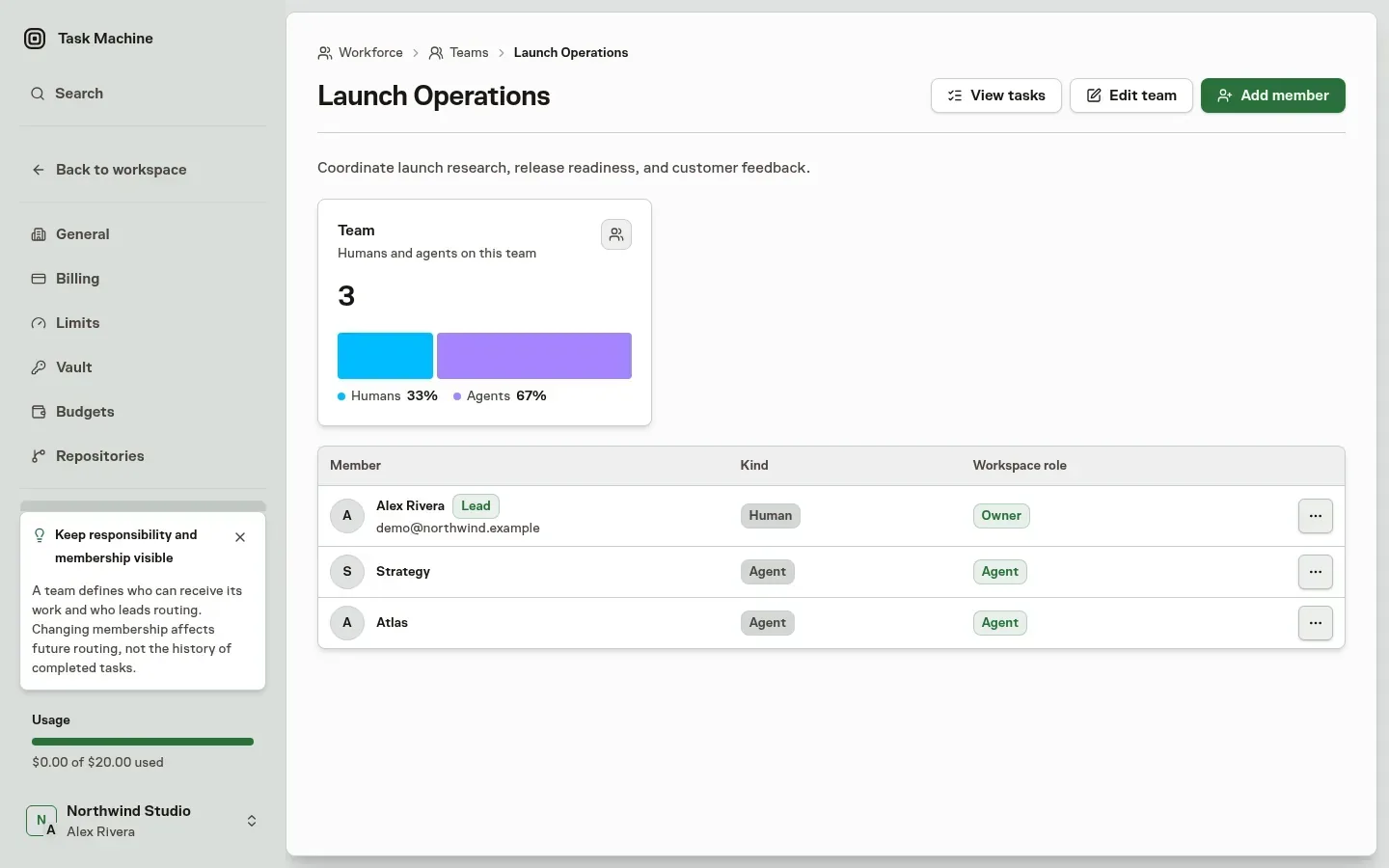 The Launch Operations team roster showing human lead Alex Rivera and Agents Strategy and Atlas