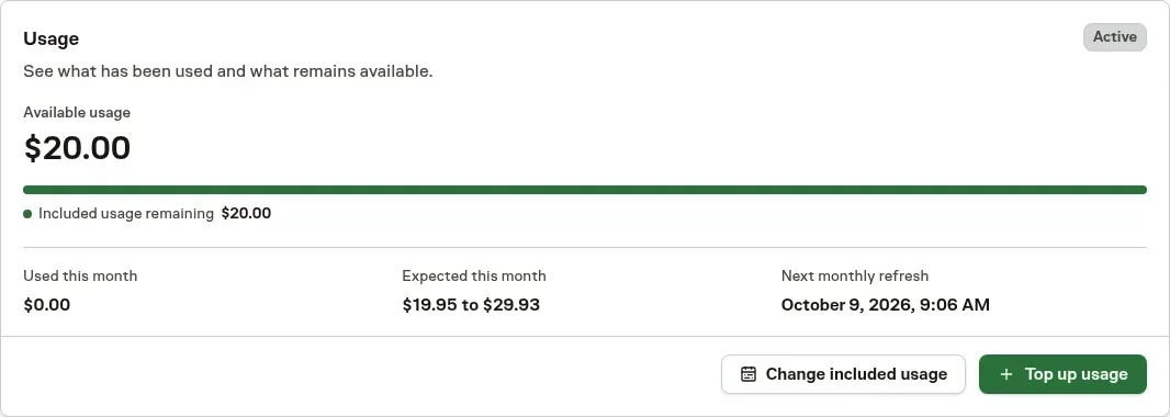 The Billing Usage card with $20 available, the next monthly refresh, and Change included usage and Top up usage actions