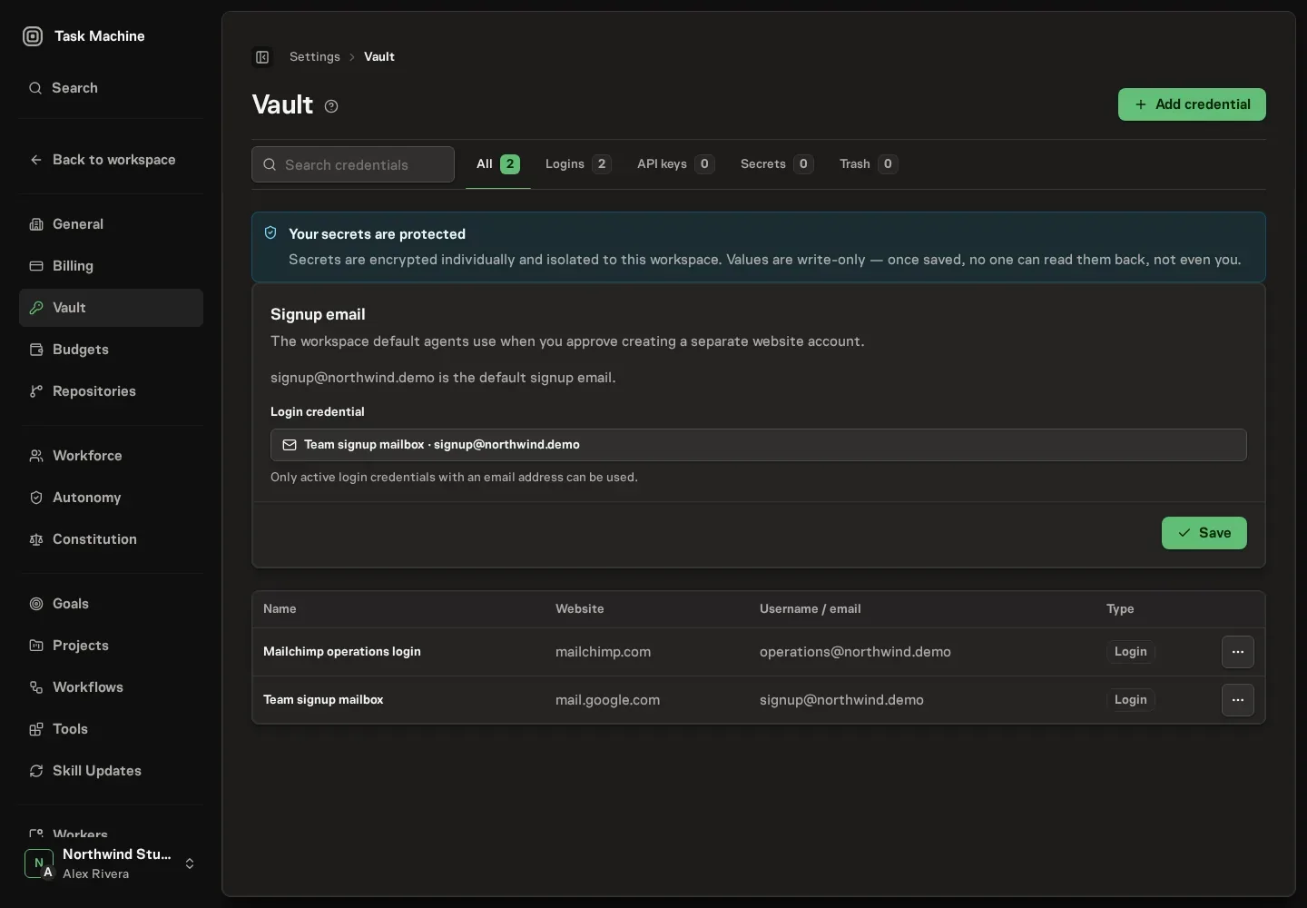 The Vault showing protected credentials without exposing their secret values