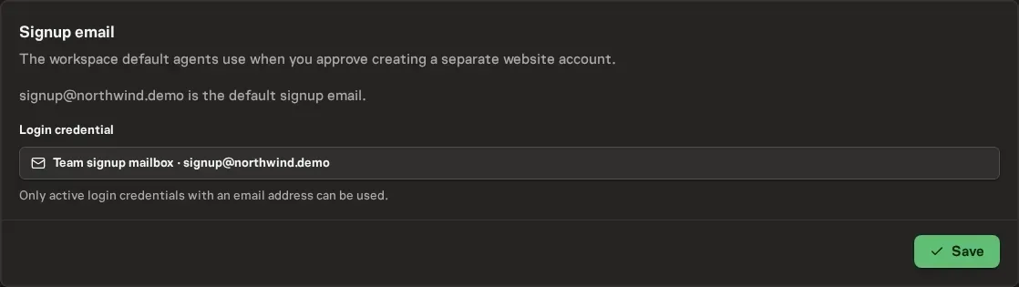 The dedicated Vault settings page showing the workspace signup email and its Save action