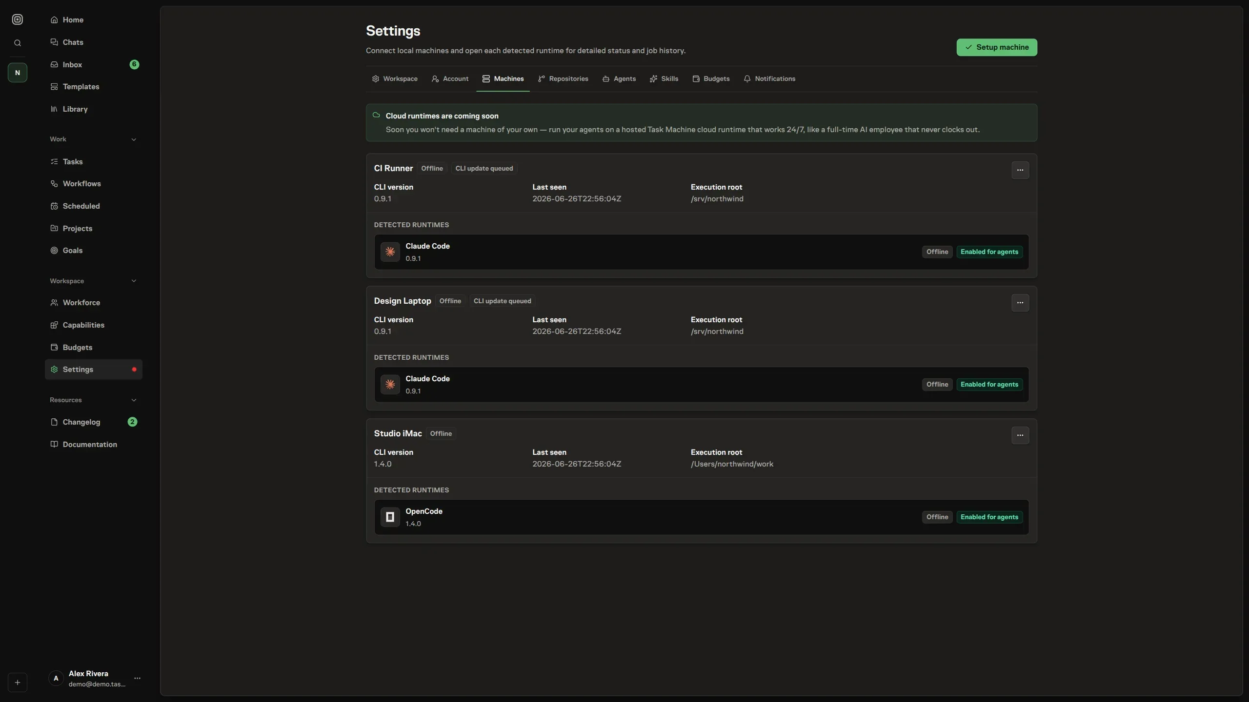 The Local workers page showing outdated machines with CLI update queued badges and machine action menus