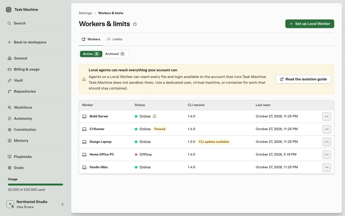 The Workers page listing Local Workers with their status, CLI version, and last report