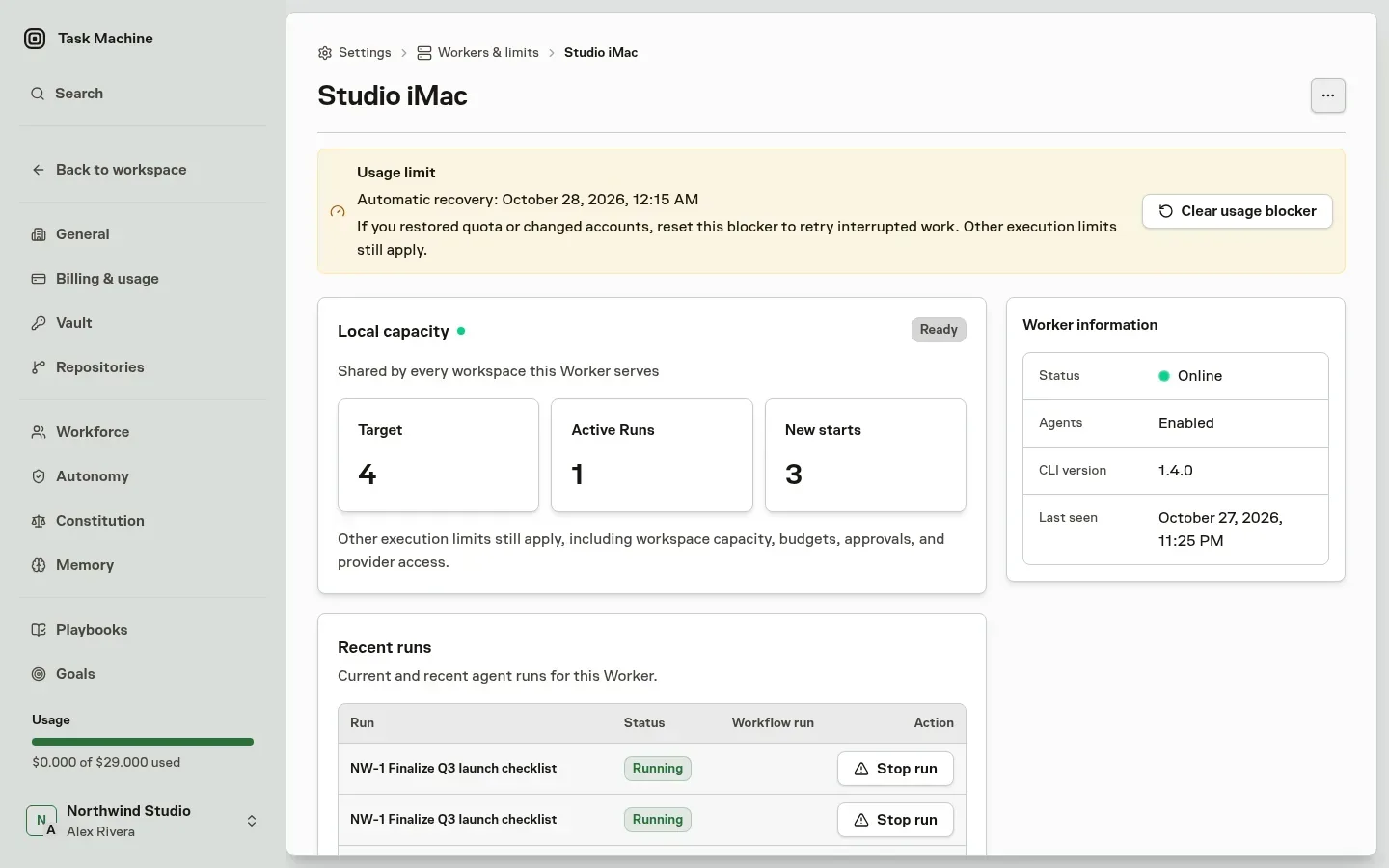 A Worker showing its usage pause, retry time, and Clear usage blocker action
