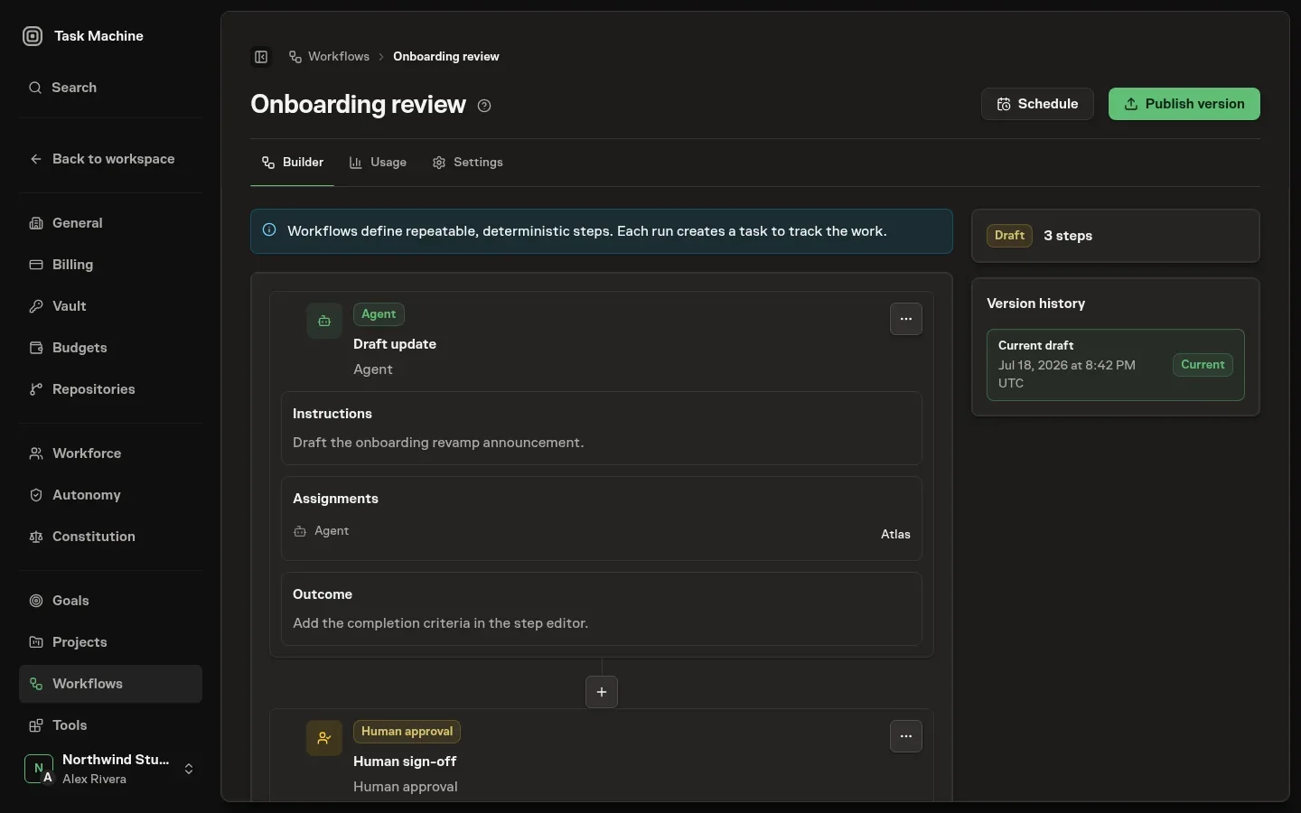 The workflow builder showing a top-to-bottom draft graph with rich step cards, aligned assignment details, and a sidebar for status and version history
