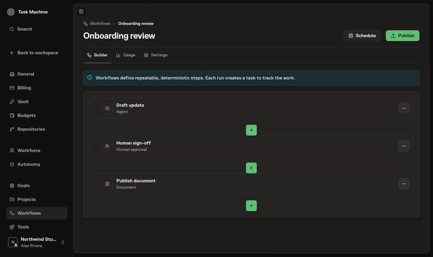 The workflow builder showing a draft graph read top to bottom — an Agent step, a Human approval step, and a Document step — with add-node controls between them