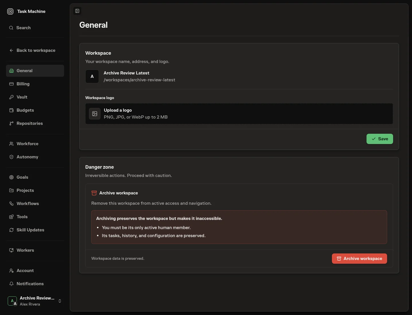 Workspace settings showing the Archive workspace action in the Danger zone