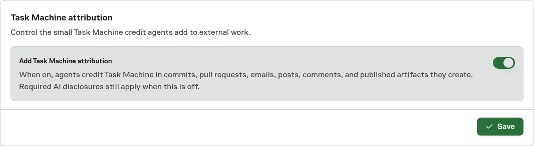 General workspace settings with Task Machine attribution enabled for external agent-created work