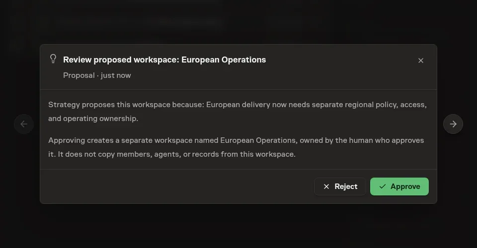 The Inbox workspace proposal review showing its rationale, ownership consequence, and approve or reject actions