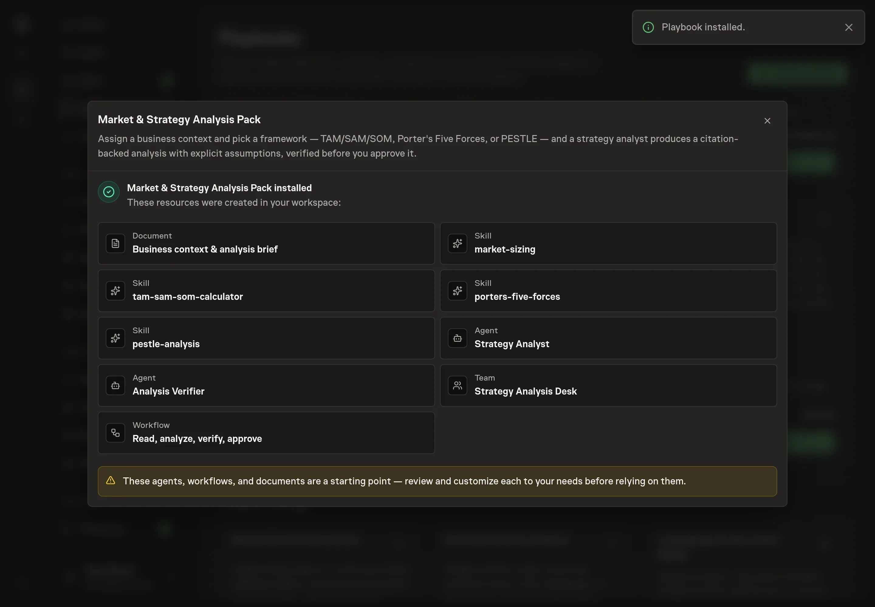 The install confirmation listing the created Market Strategy Analysis records and inbox follow-ups for completing the brief and starting the workflow