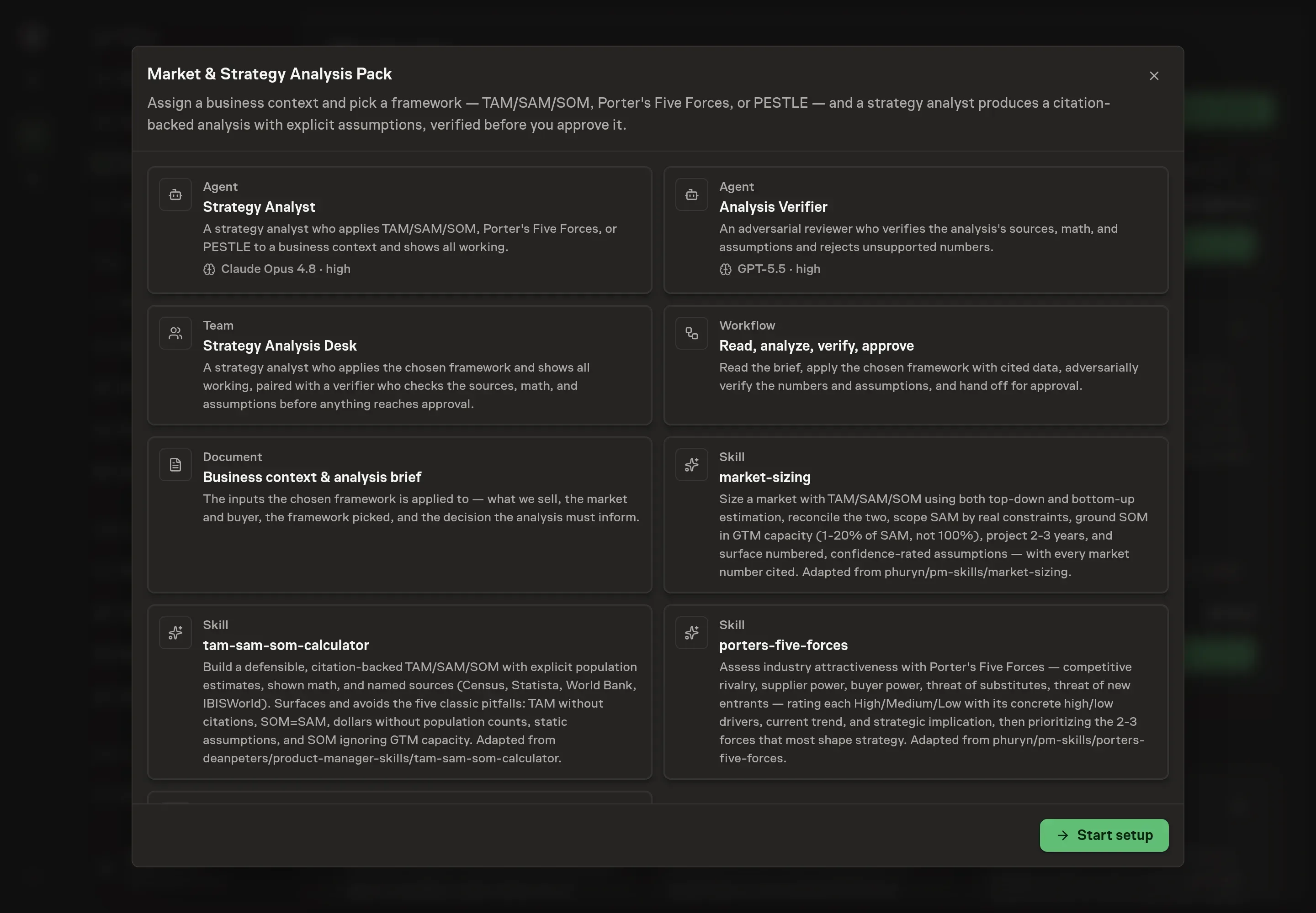 The Market and Strategy Analysis Pack preview showing the analyst, verifier, workflow, strategy brief, team, and framework skills, with a Start setup button