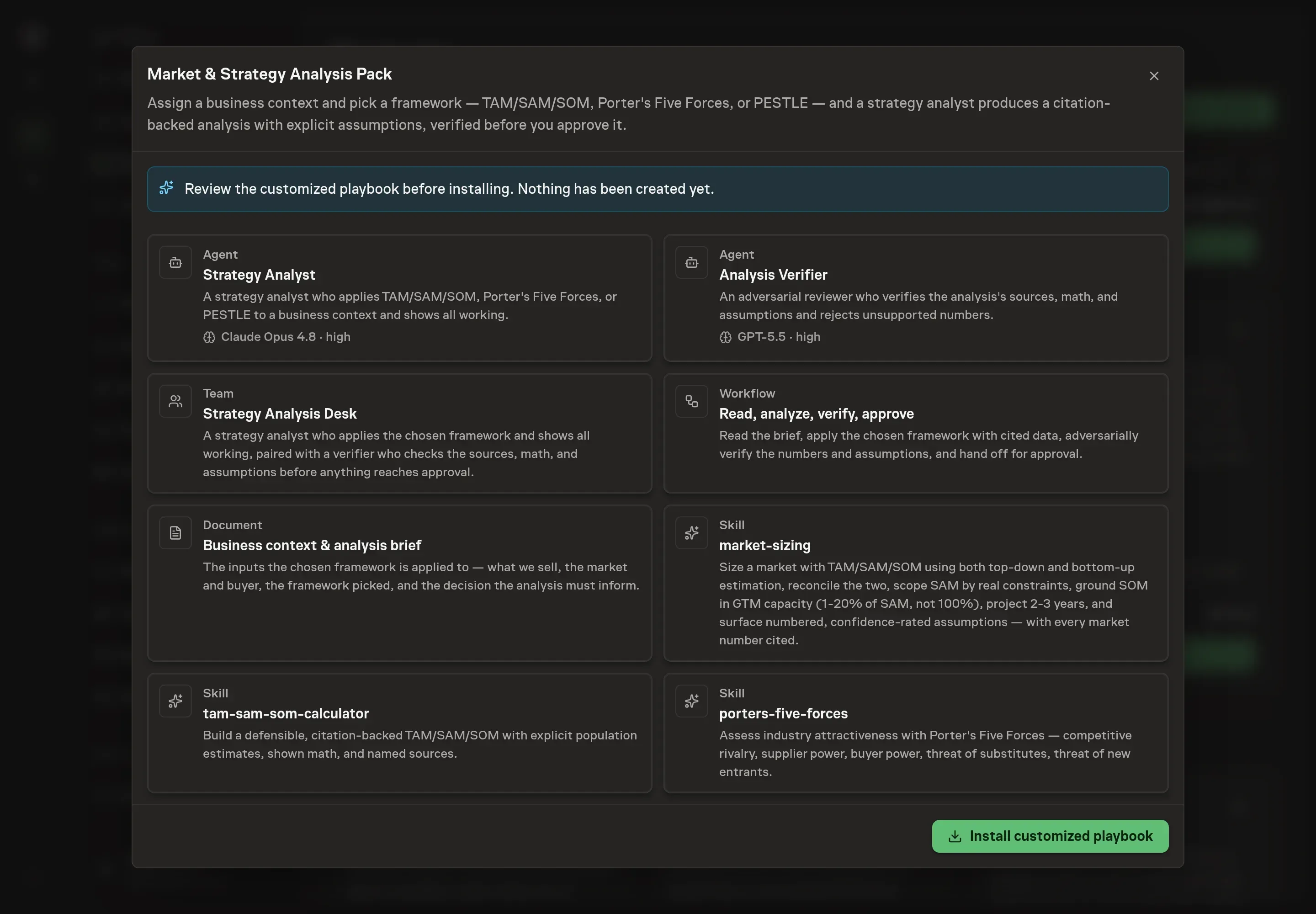 The review step showing the customized Market Strategy Analysis records, including the analyst, verifier, strategy brief, workflow, and skills before installation