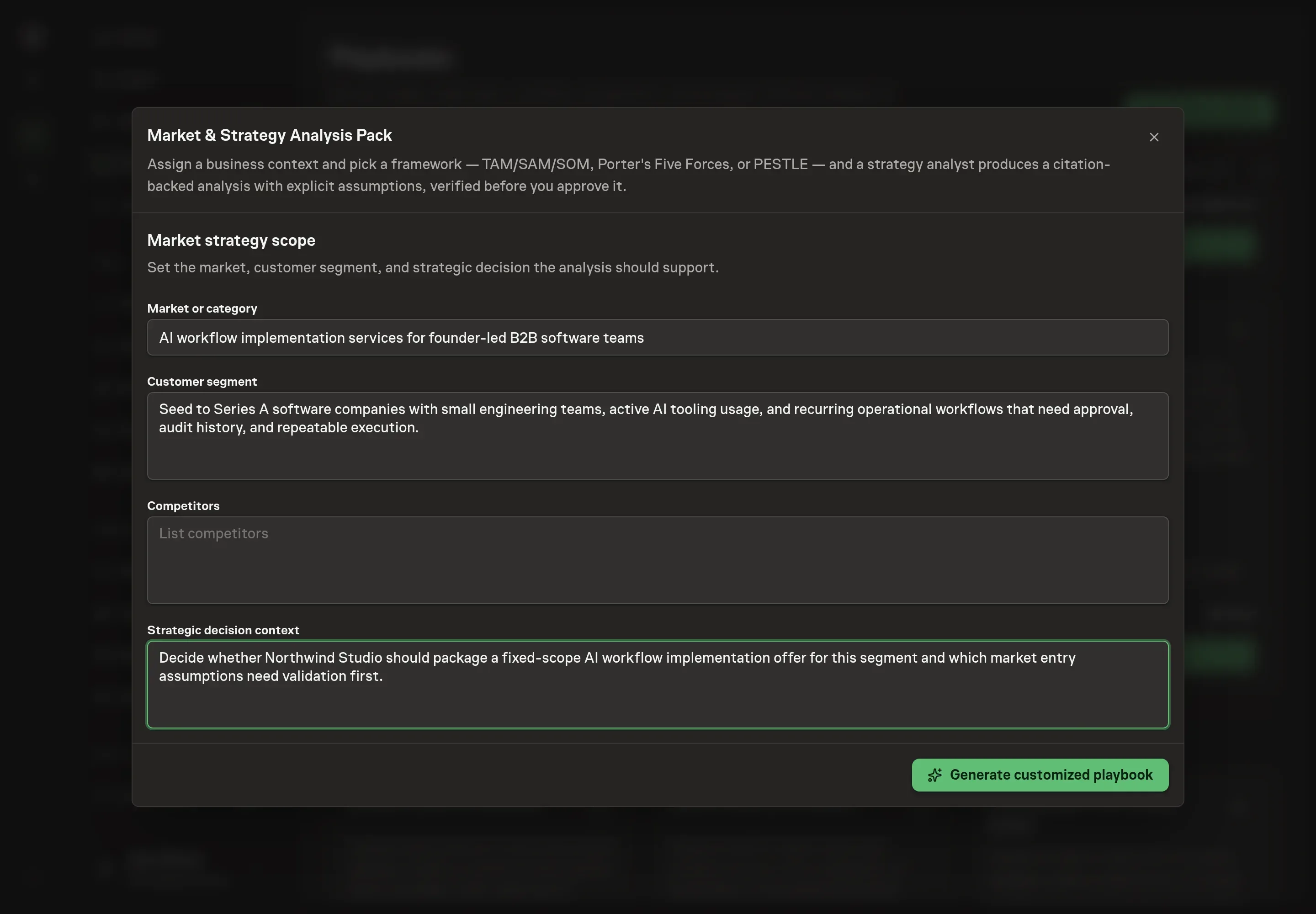 The setup form filled with Northwind Studio's AI automation consulting market, founder-led software team segment, competitor list, and market-entry decision context