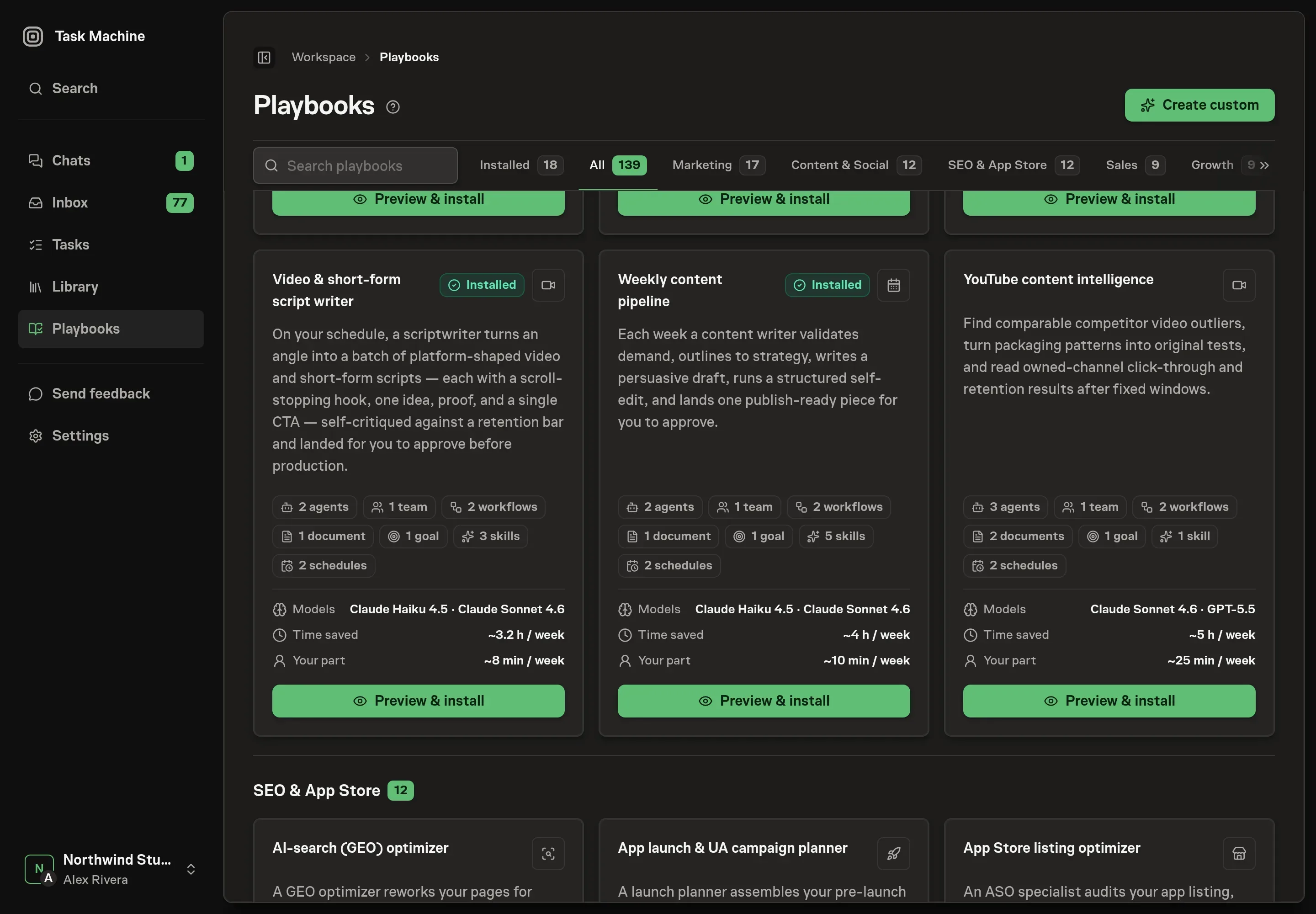 The playbook gallery with the YouTube content intelligence card showing its agents, team, workflows, documents, skill, goal, and schedules