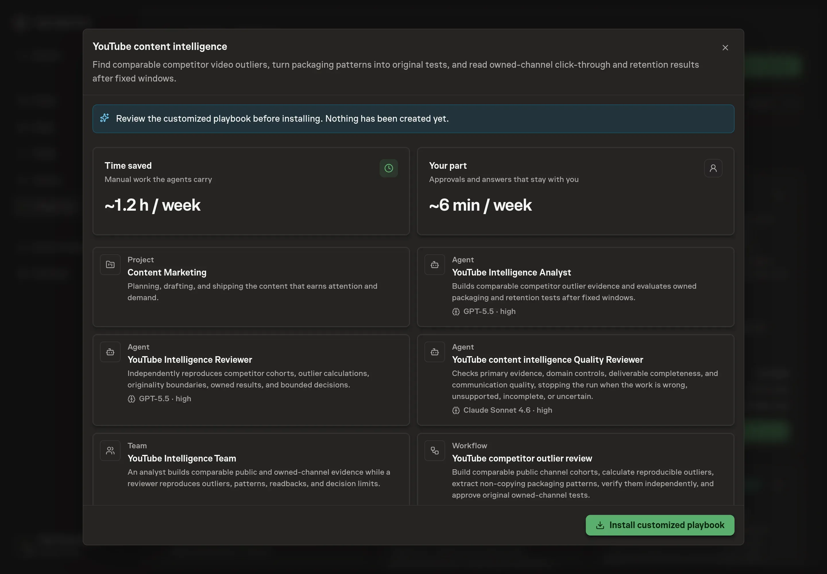 The review step showing the customized YouTube Intelligence Team, two workflows, rules, register, goal, and schedules before installation