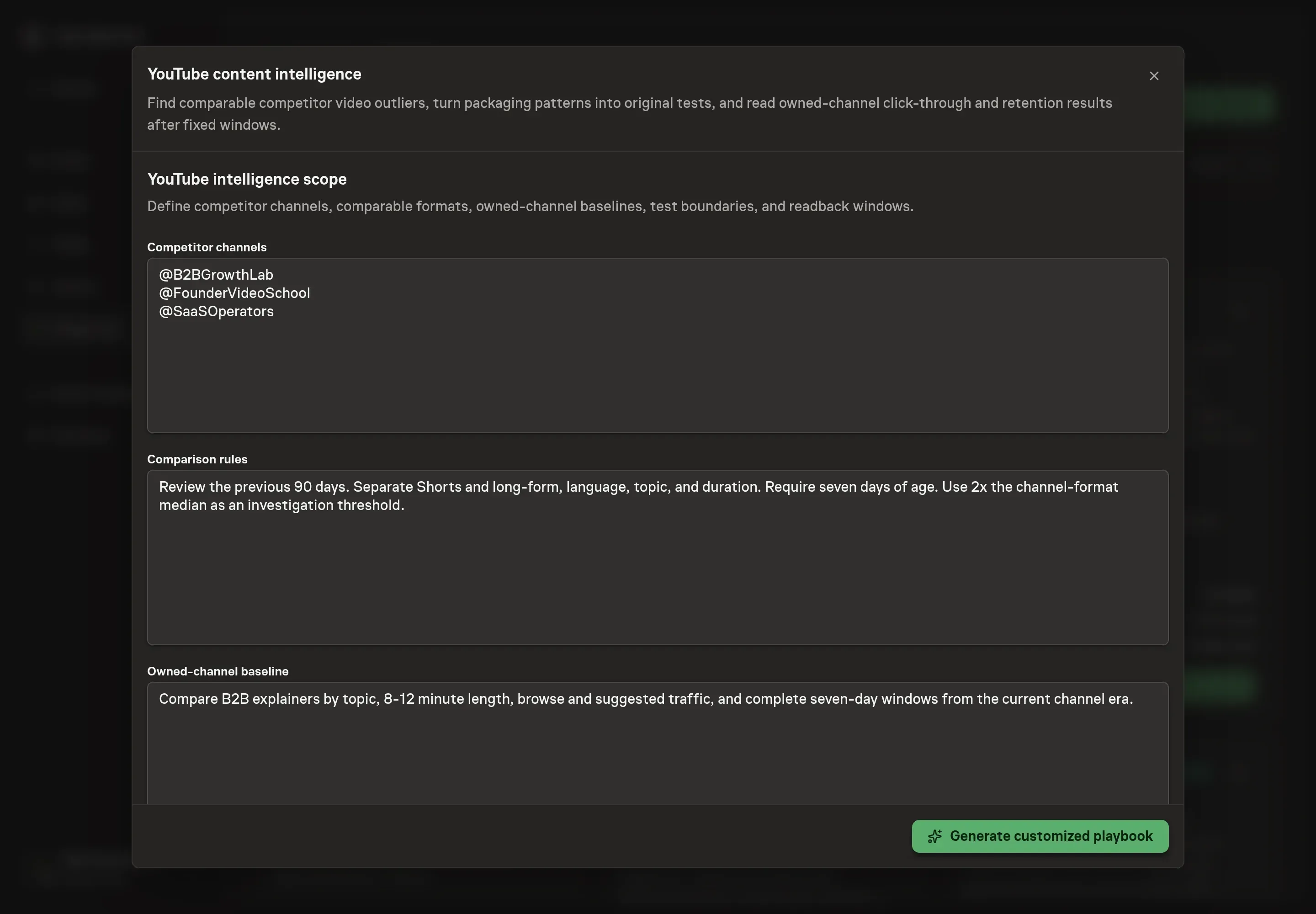 The YouTube intelligence setup form showing competitor channels, comparison rules, and an owned-channel baseline filled in
