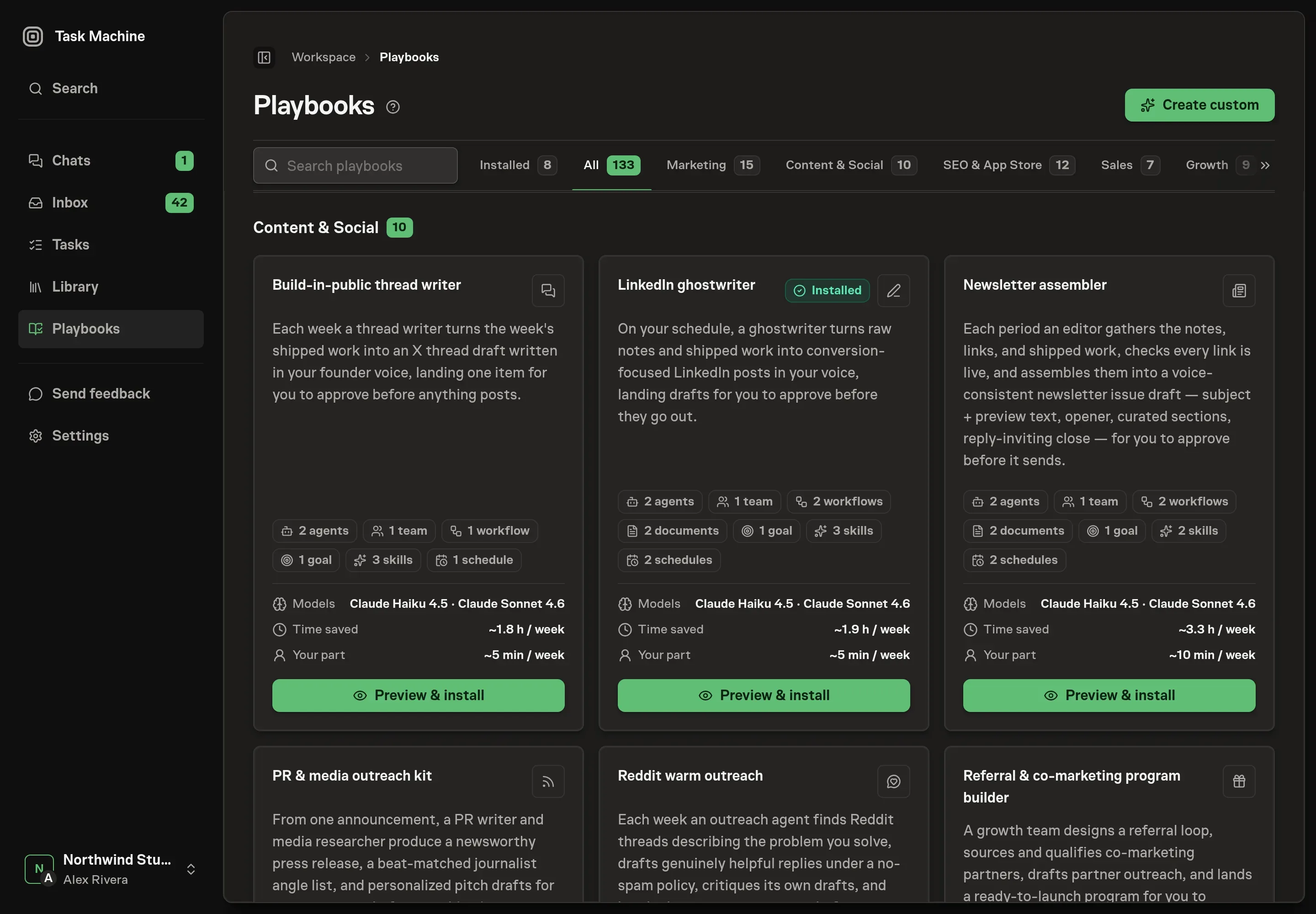 The playbook gallery with the Newsletter assembler card in the Content category