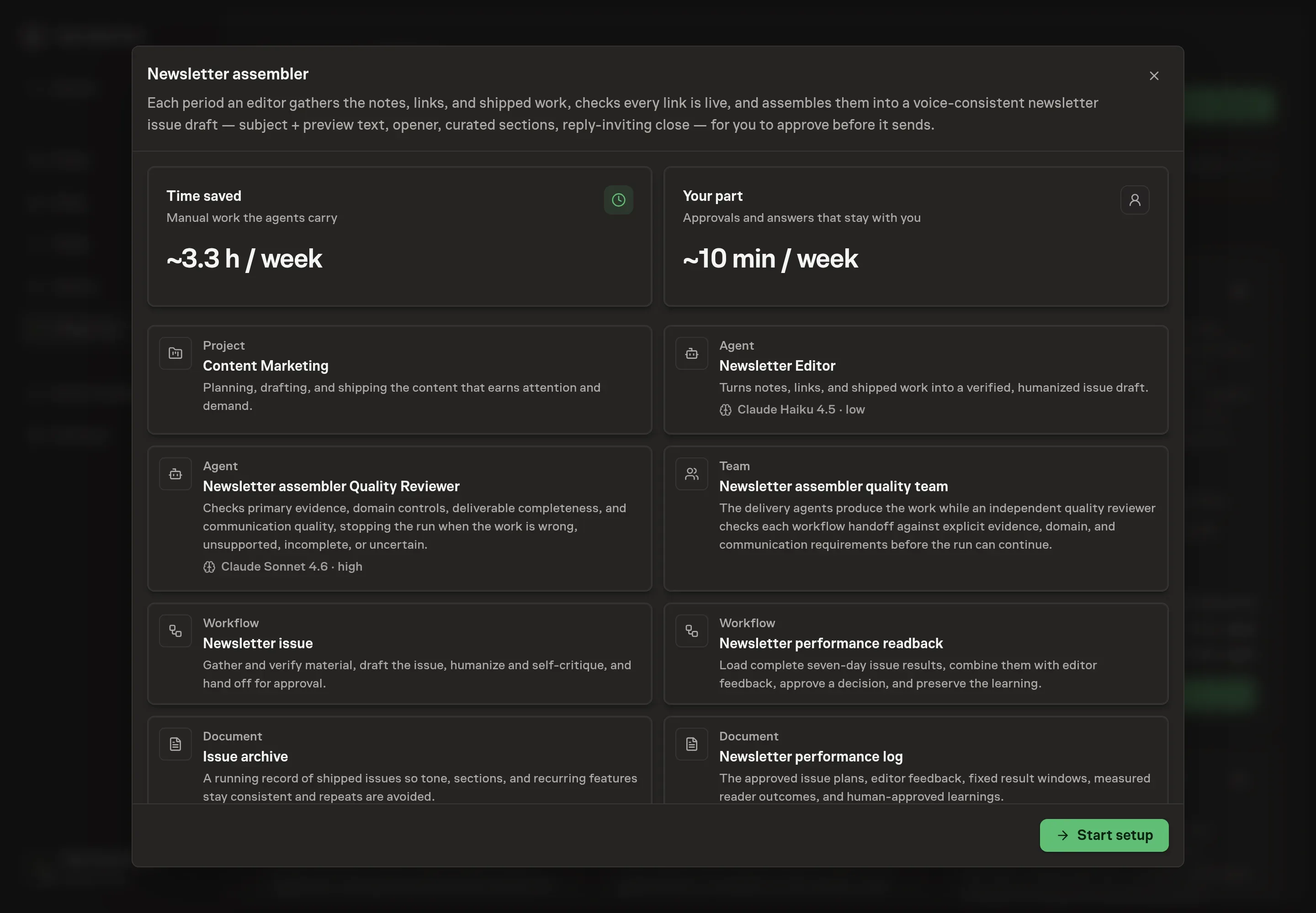 The Newsletter assembler preview listing the editor, workflow, issue archive, schedule, skills, and Klaviyo service, with a Start setup button