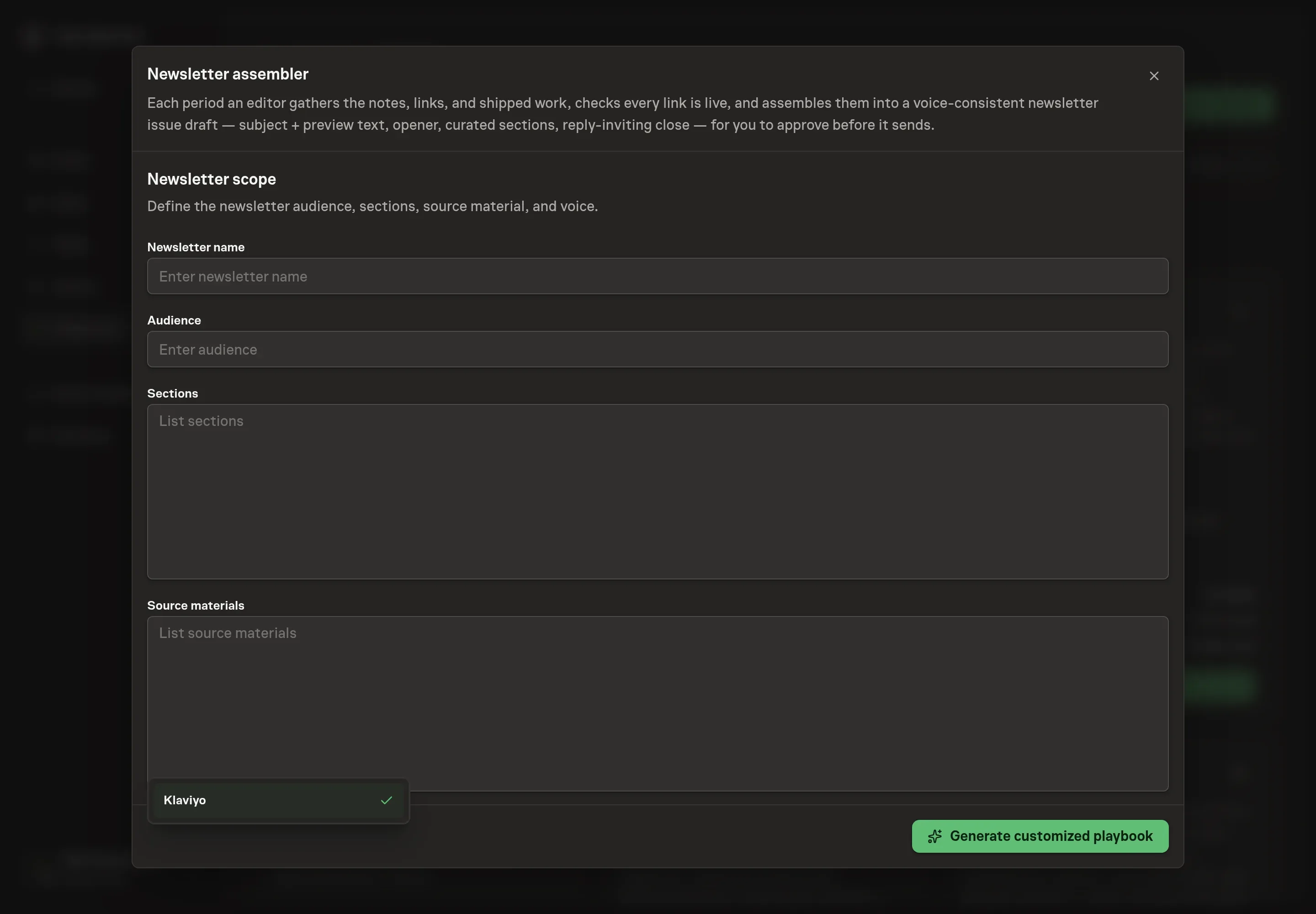 The setup flow showing Klaviyo selected as the email platform for newsletter staging