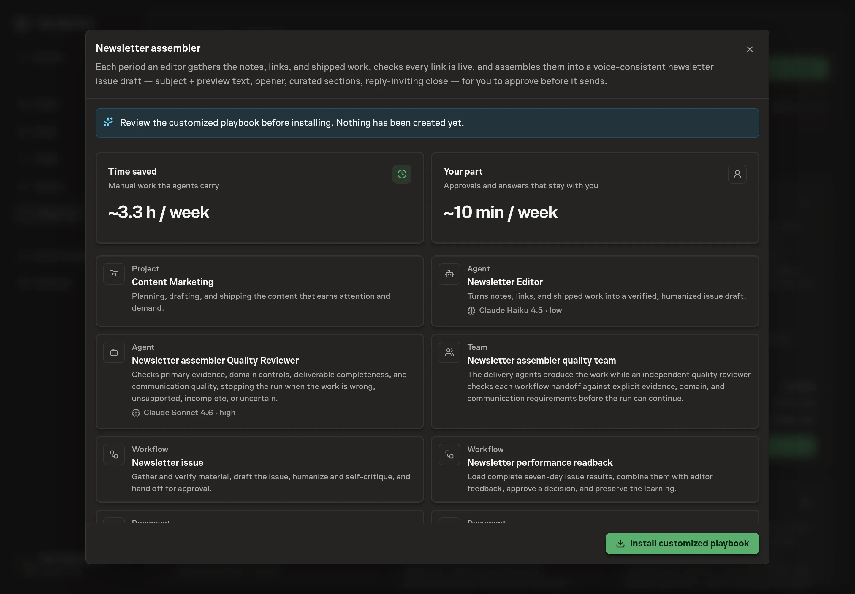 The review step showing the customized Newsletter Editor, workflow, issue archive, schedule, and selected service before anything is created