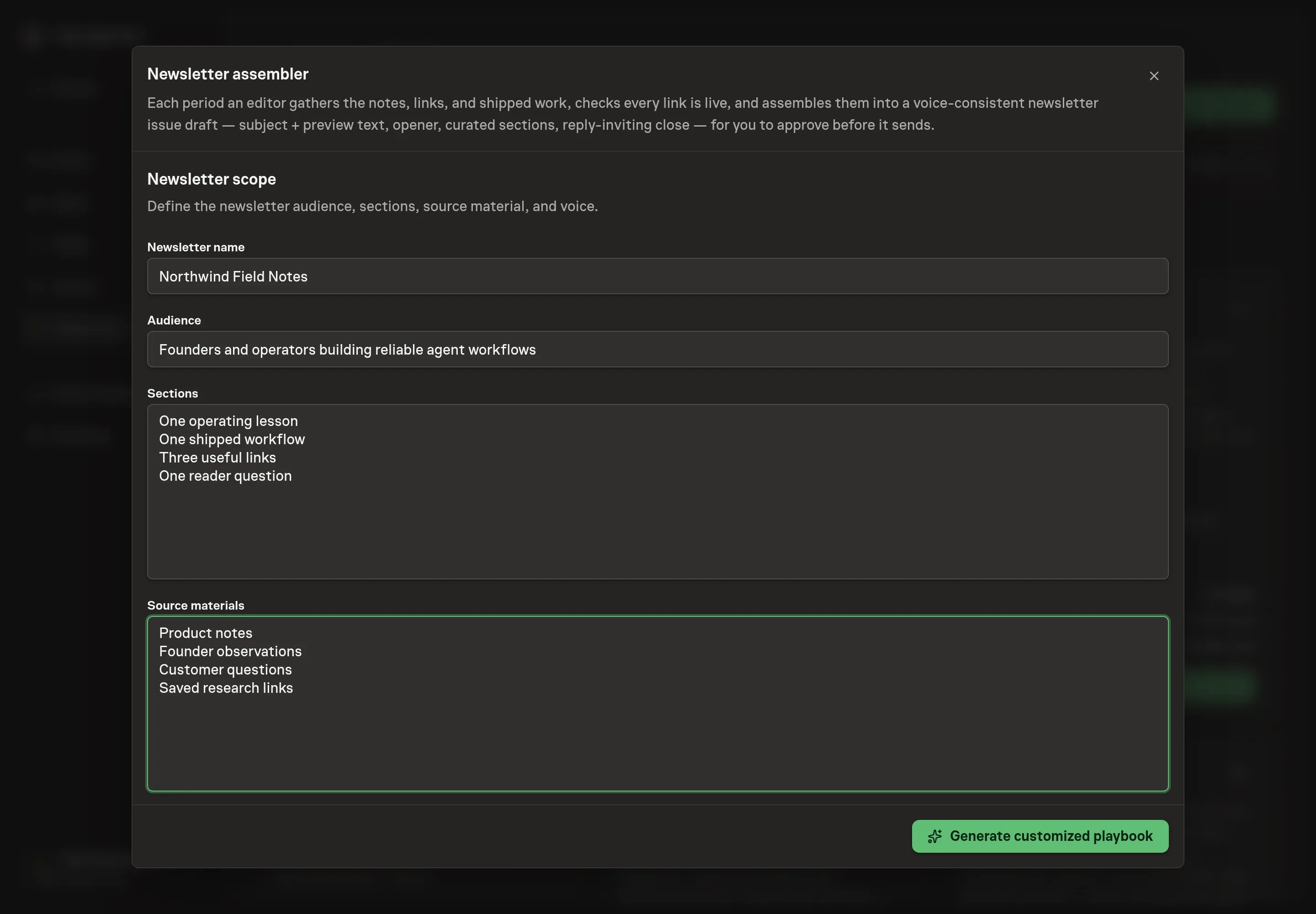 The setup form filled with Northwind Studio newsletter scope, sections, source materials, and Klaviyo selected