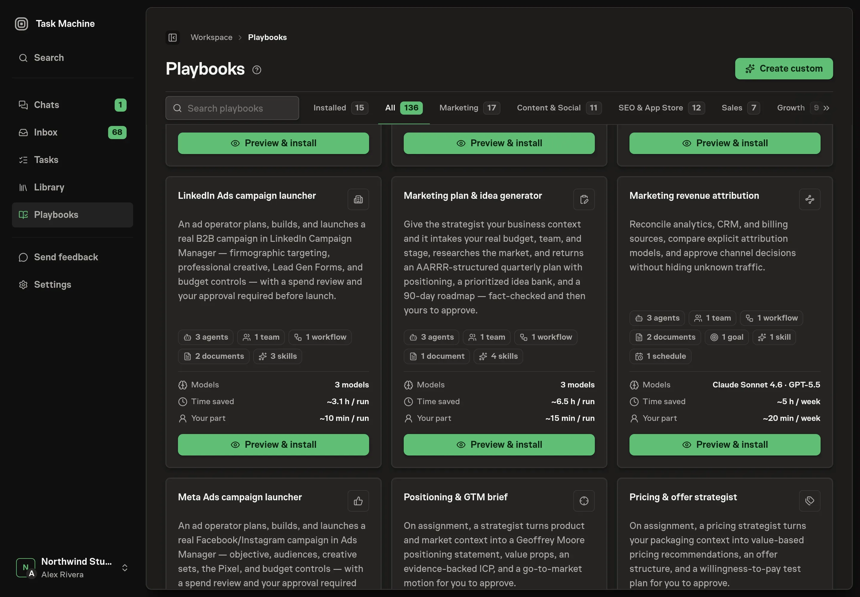 The playbook gallery with the Marketing revenue attribution card showing its agents, team, workflow, documents, goal, services, and schedule