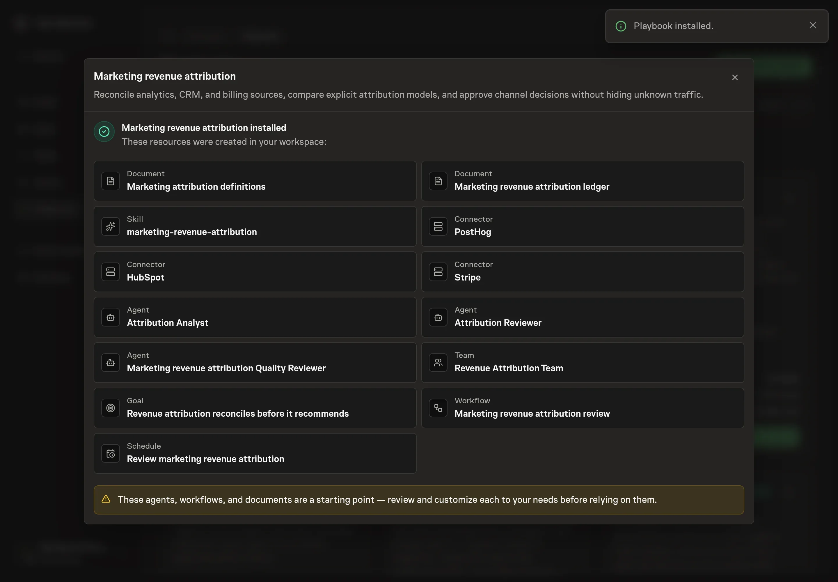 The install confirmation listing the attribution definitions, ledger, agents, team, workflow, selected services, goal, and schedule