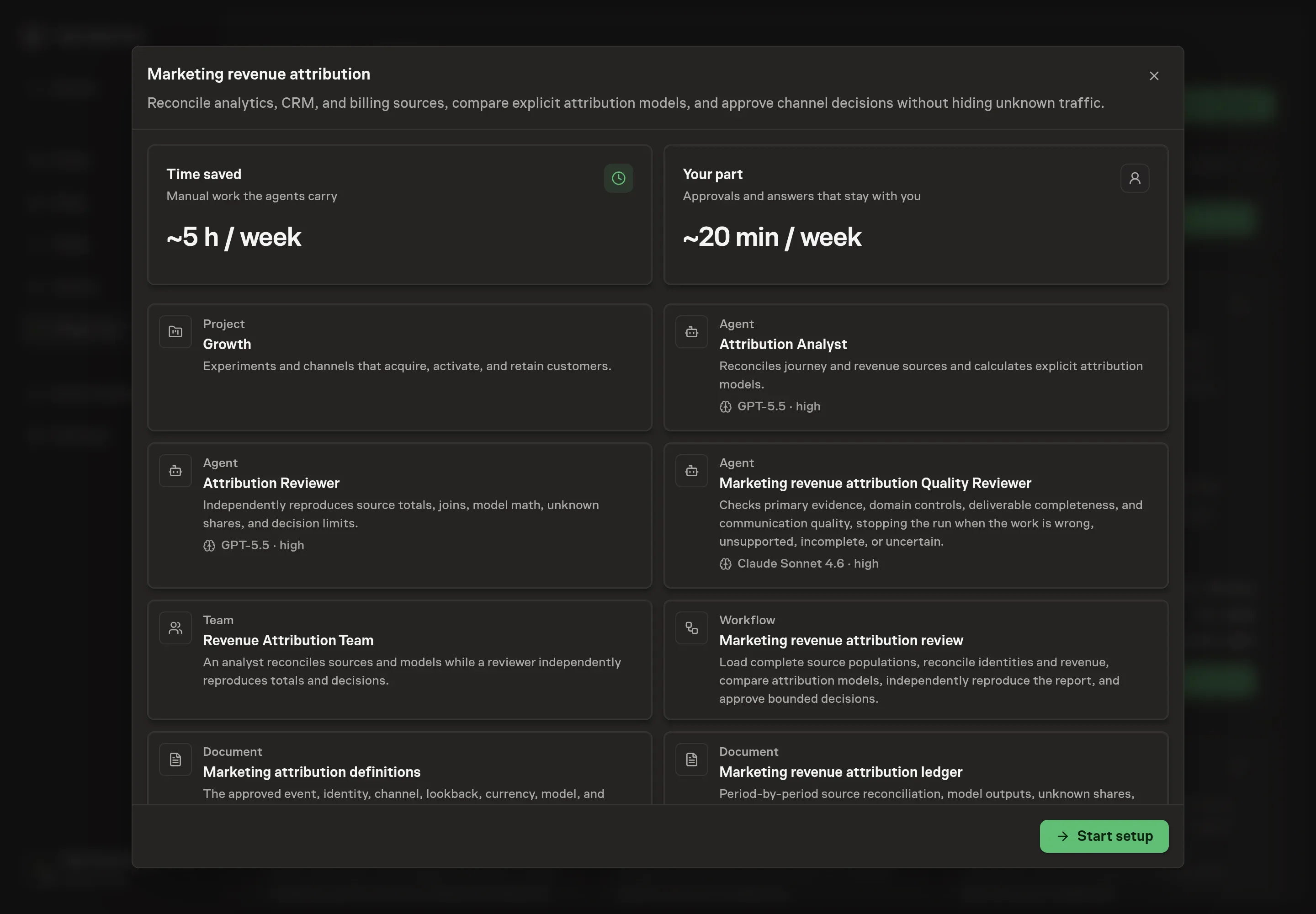 The Marketing revenue attribution preview listing its agents, team, workflow, definitions, ledger, skill, goal, services, and schedule