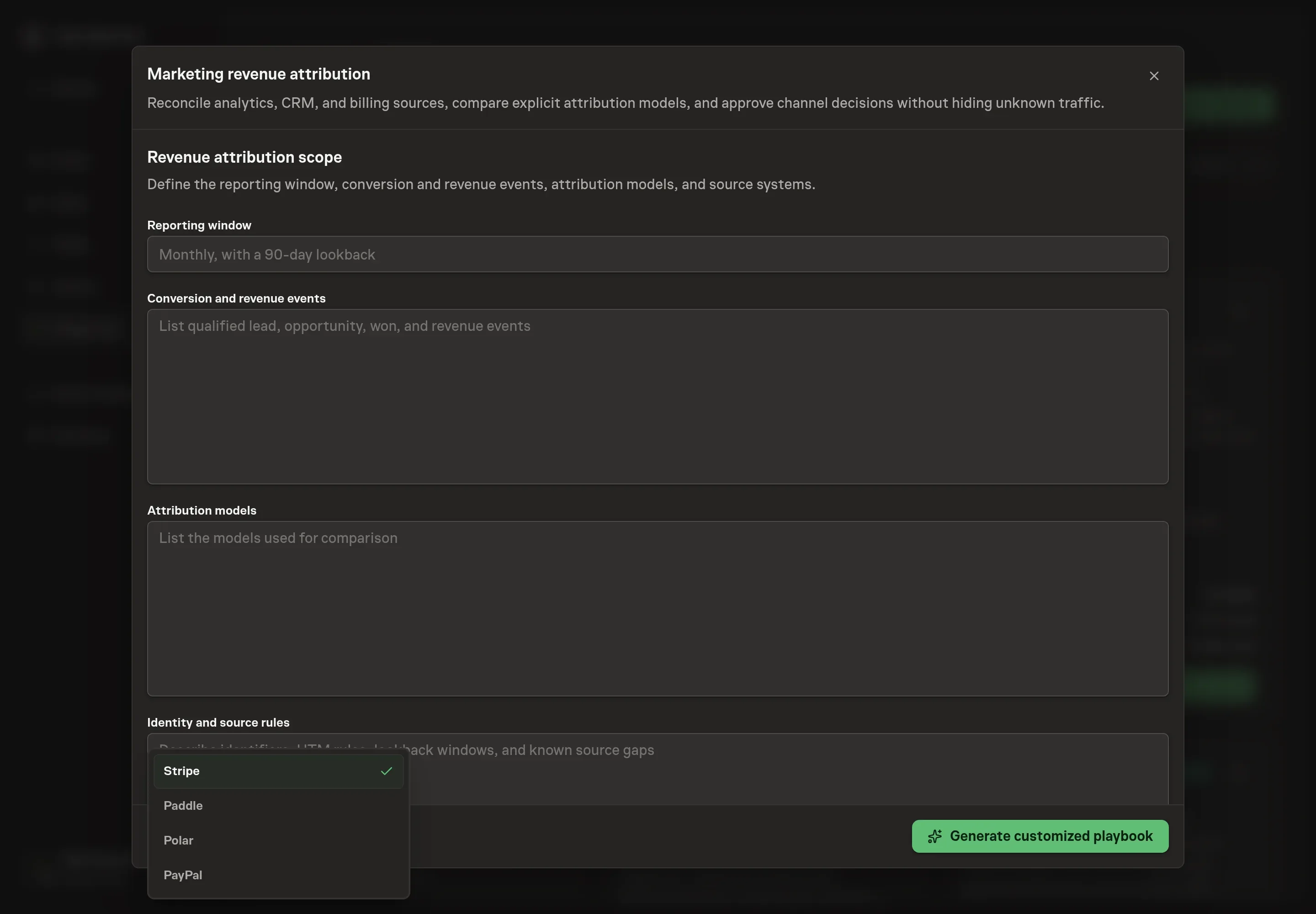 The billing provider selector for Marketing revenue attribution with Stripe selected and Paddle, Polar, and PayPal available