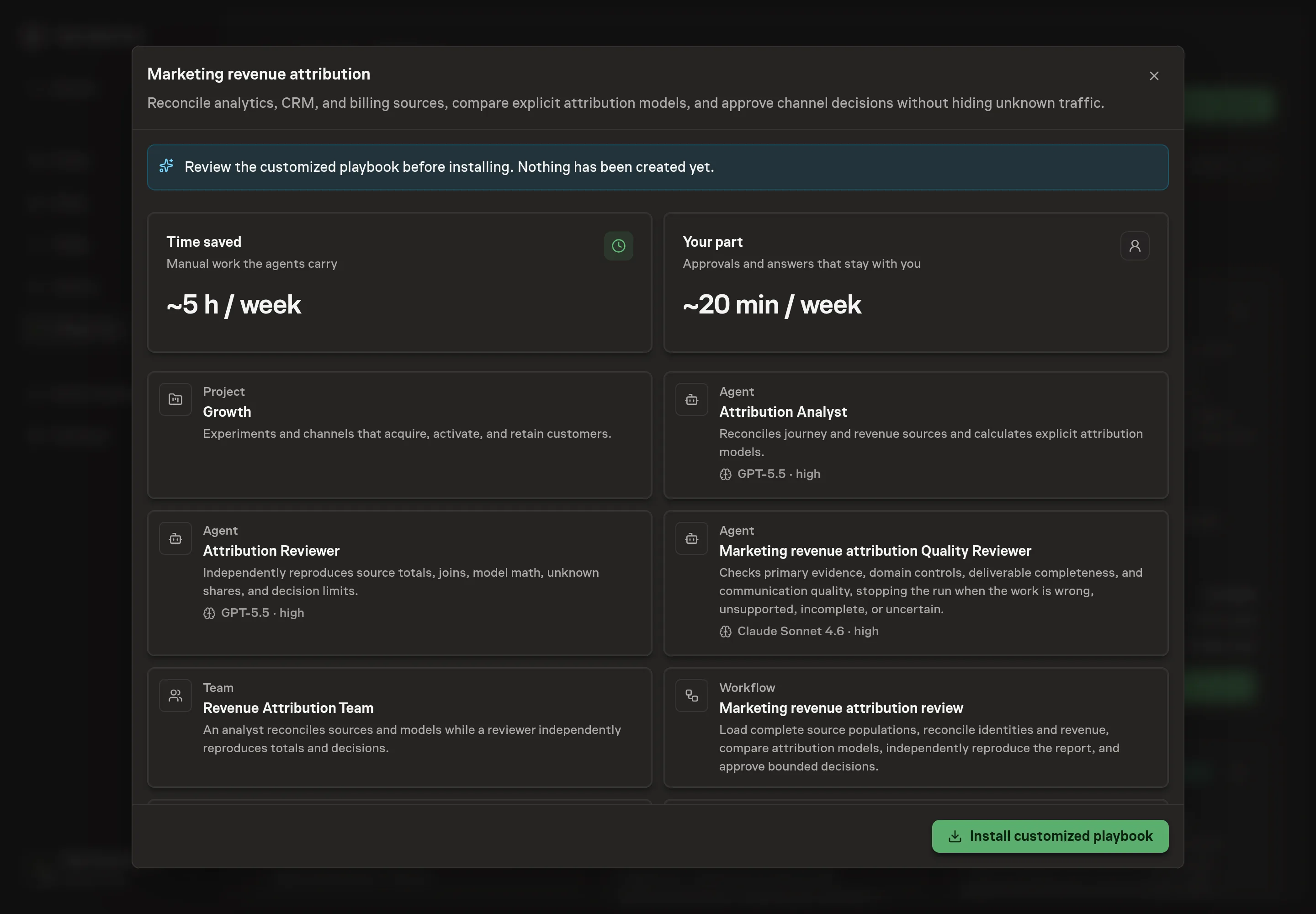 The review step showing the customized Revenue Attribution Team, workflow, documents, selected source services, goal, and schedule