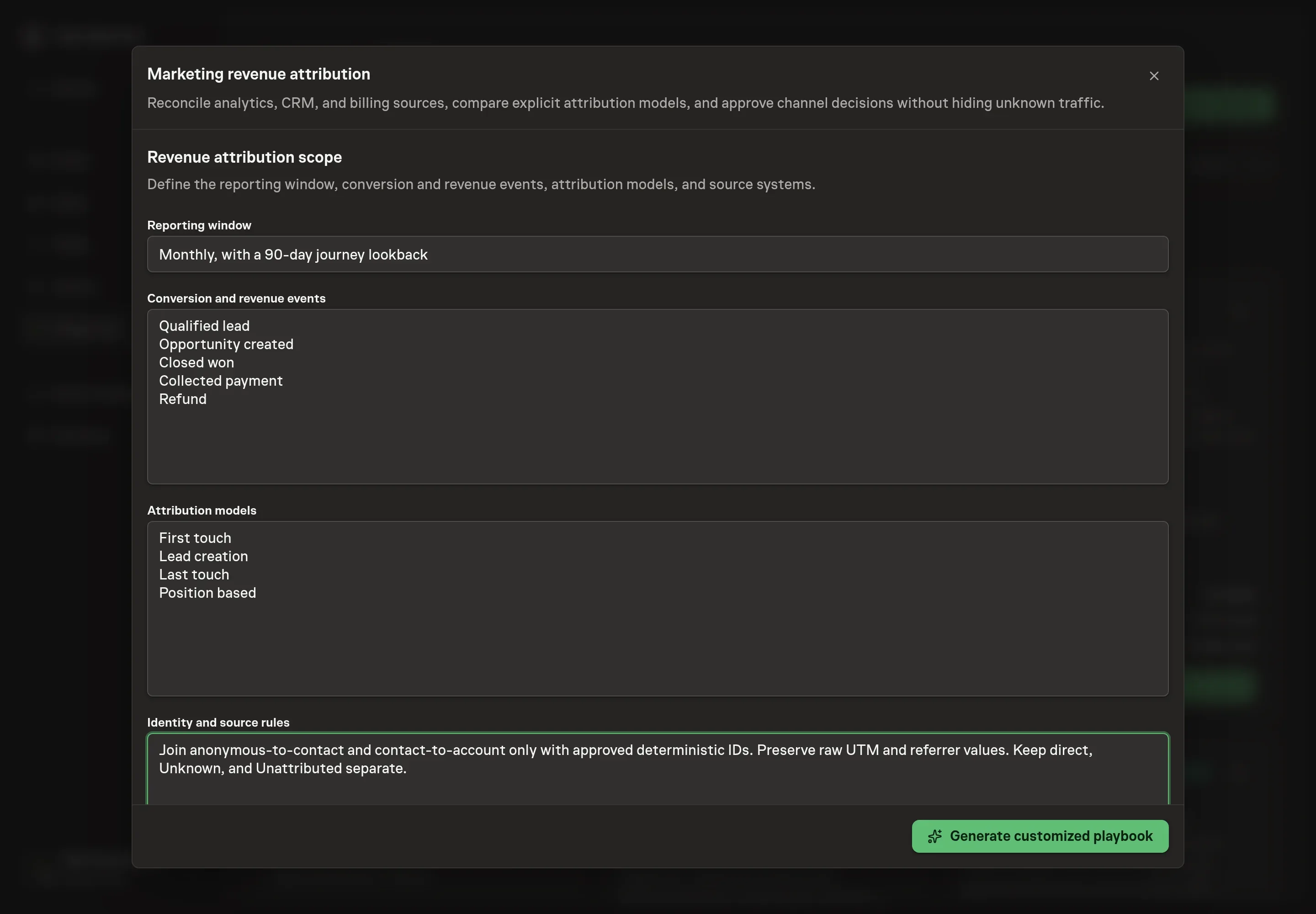 The attribution setup form filled with the reporting window, conversion events, models, and identity rules