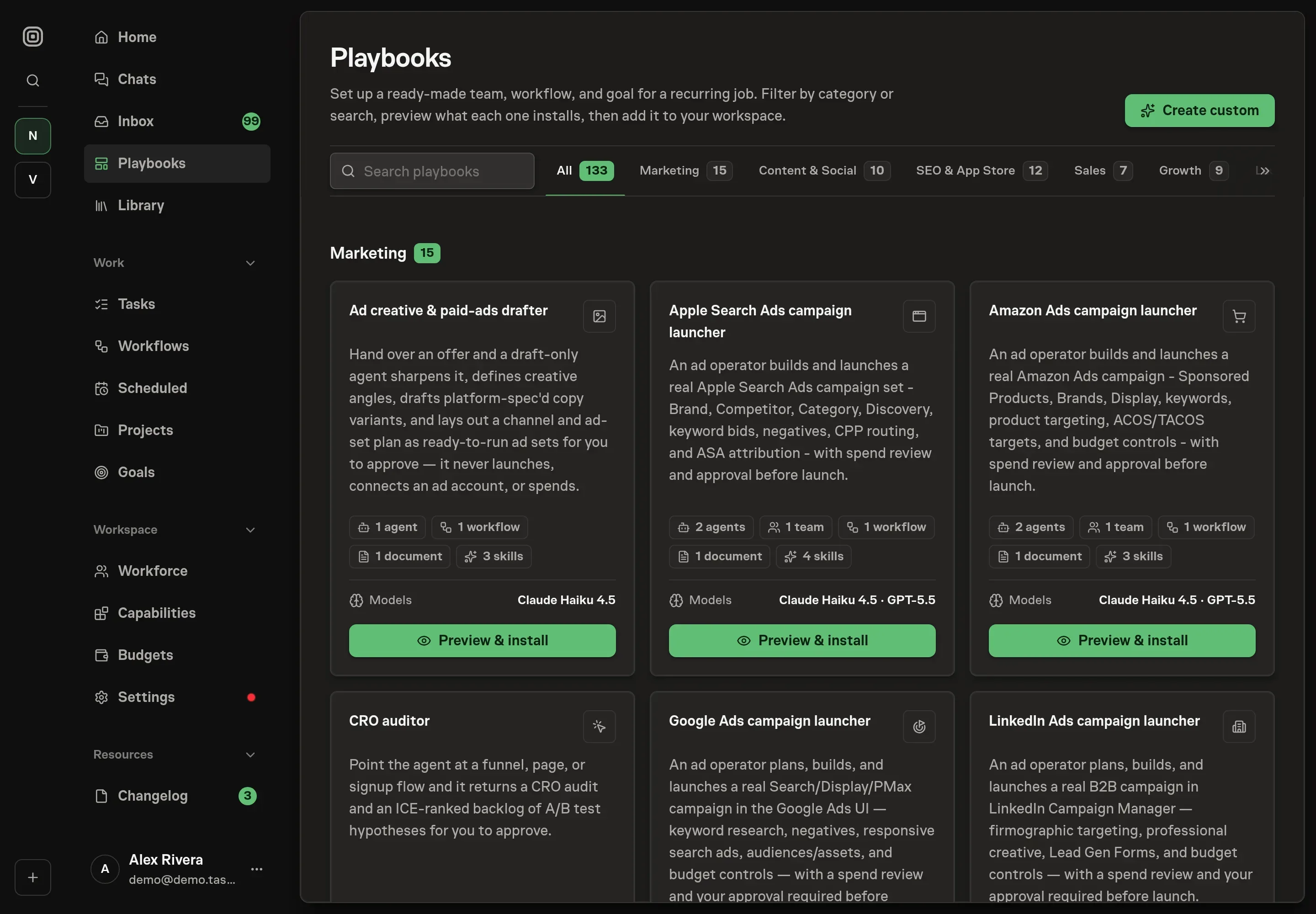 The playbook gallery with the Ad creative & paid-ads drafter card in the Marketing category, listing one agent, one workflow, one document, and three skills