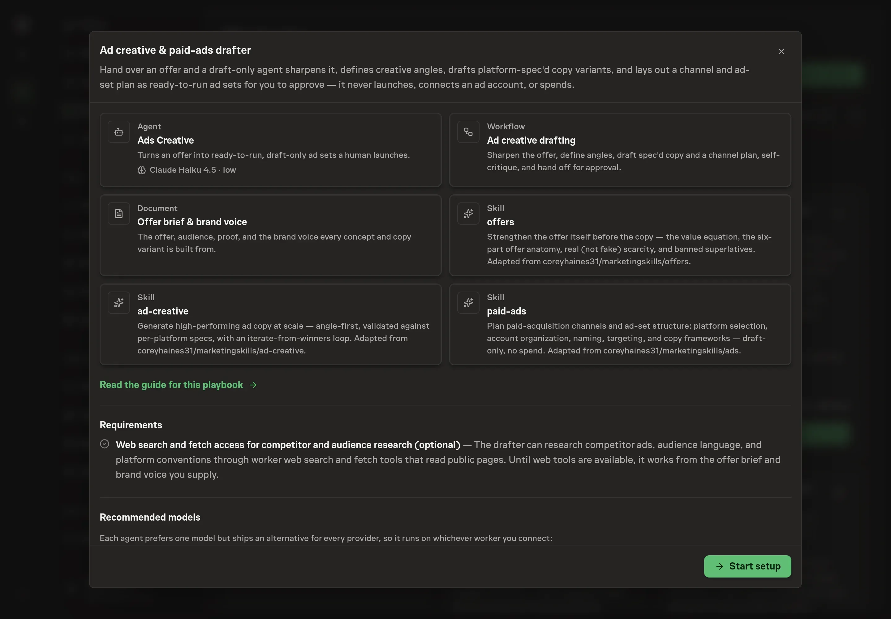 The Ad creative & paid-ads drafter preview listing the Ads Creative agent, the drafting workflow, the offer brief and brand voice document, all three skills, and the Ad drafts folder, with a Start setup button