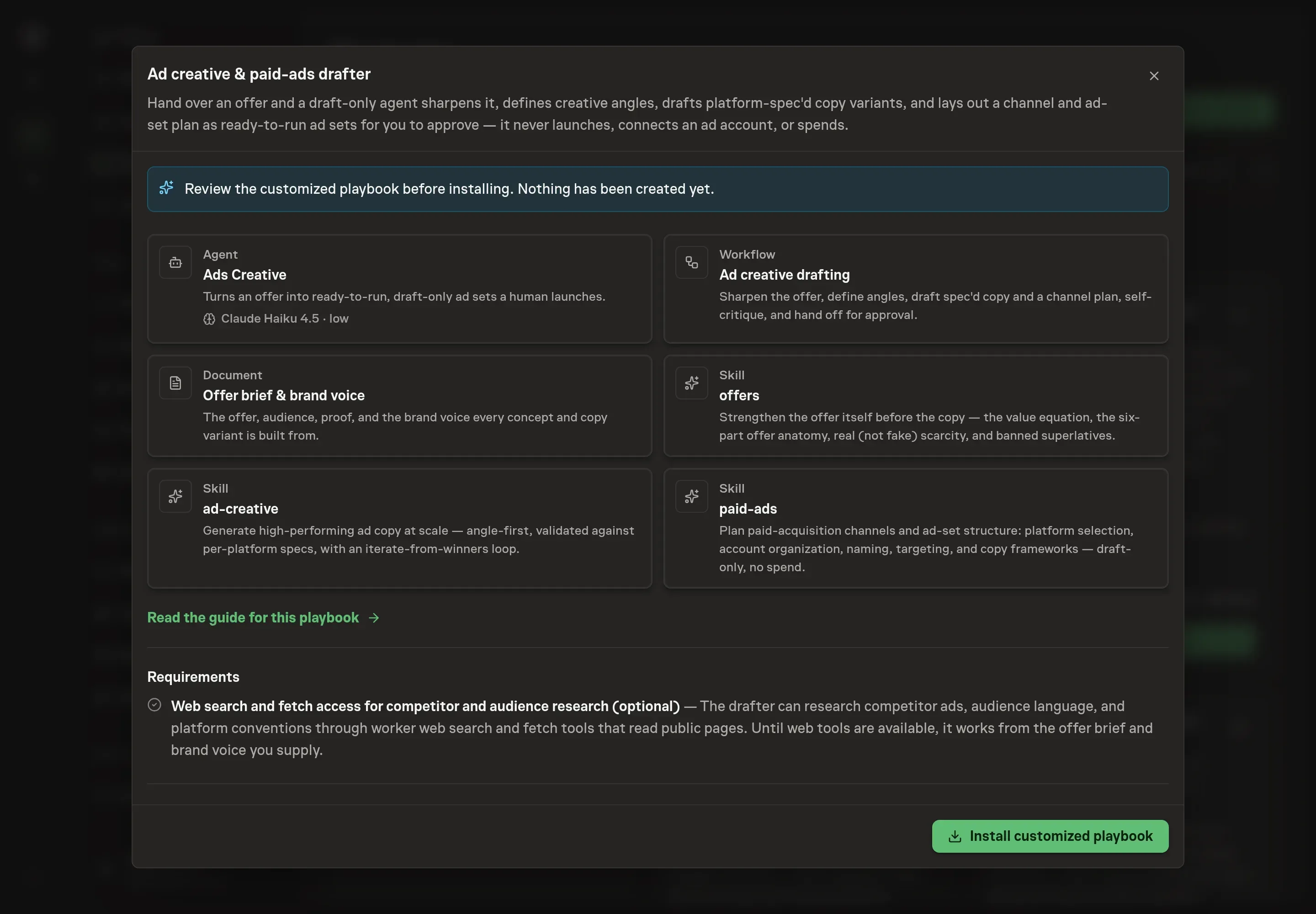 The review step showing the customized Ads Creative agent, the drafting workflow, the offer brief document, and the three skills, with a banner confirming nothing has been created yet