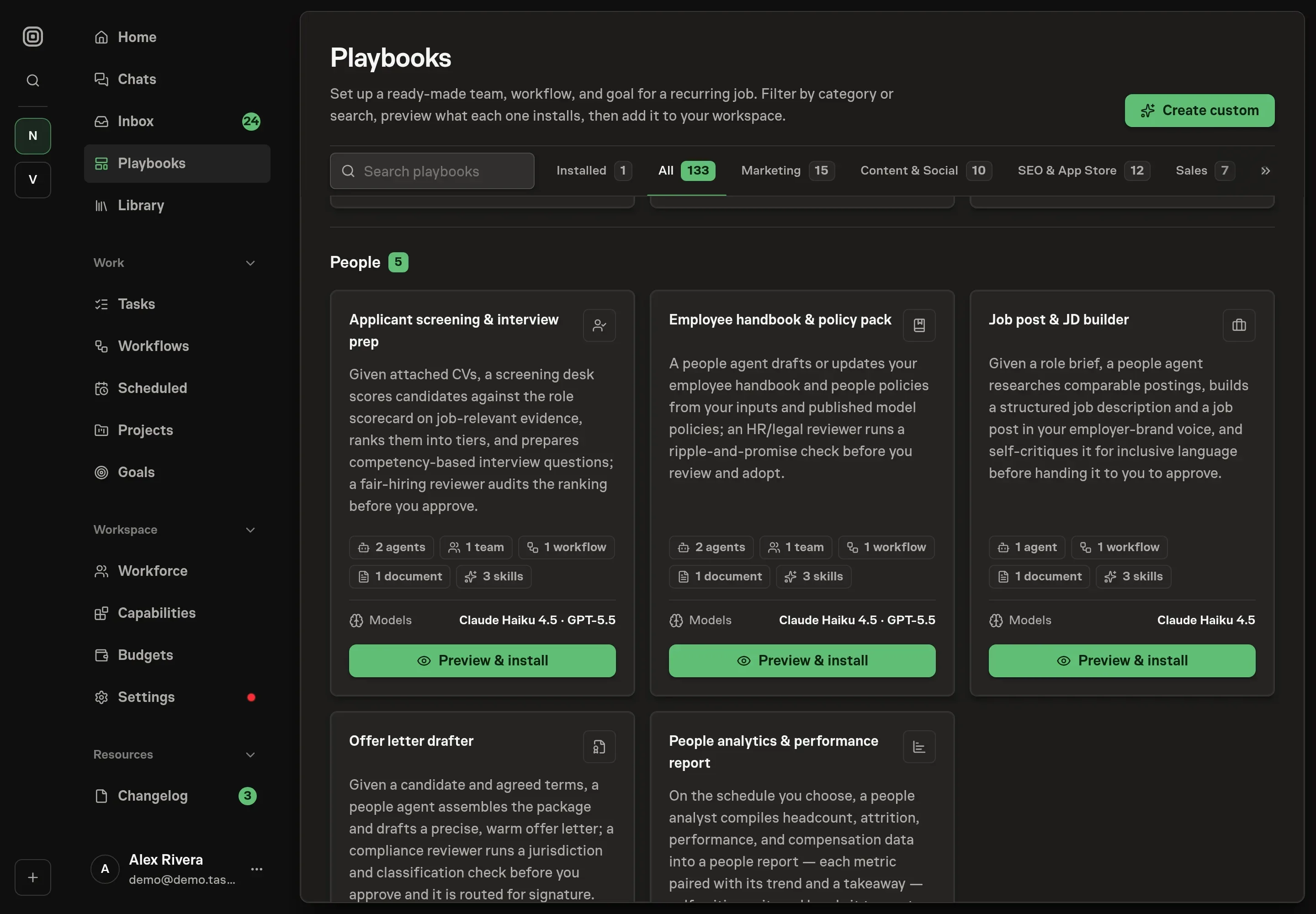 The playbook gallery with the Applicant screening & interview prep card in the People category, listing two agents, one team, one workflow, one document, and three skills