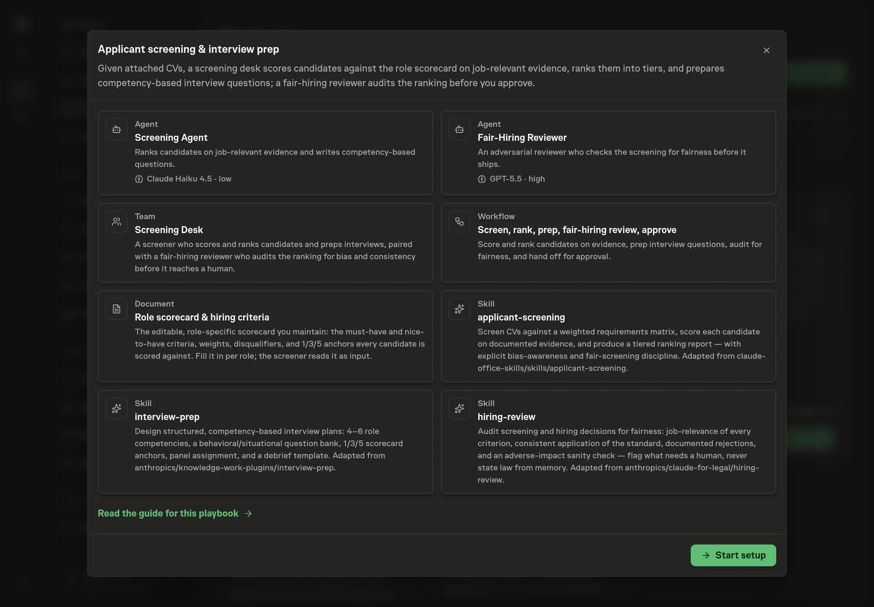 The Applicant screening & interview prep preview listing both agents, the Screening Desk team, the workflow, the role scorecard document, and all three skills, with a Start setup button