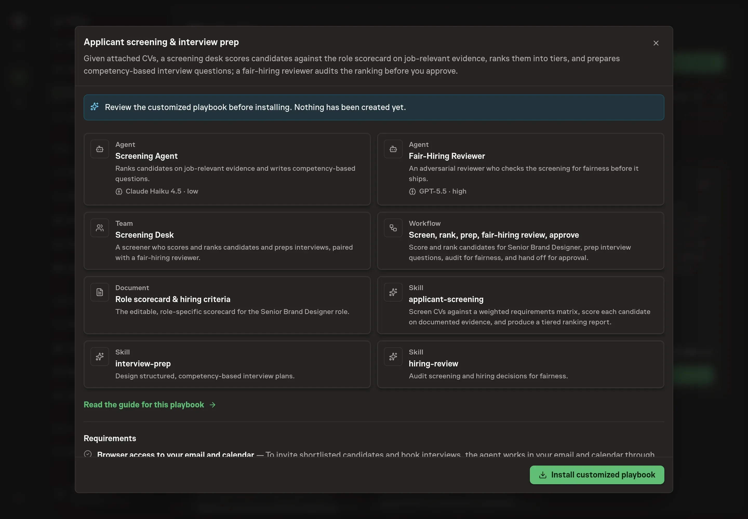 The review step showing the customized Screening Agent, Fair-Hiring Reviewer, workflow, scorecard document, and skills, with a banner confirming nothing has been created yet