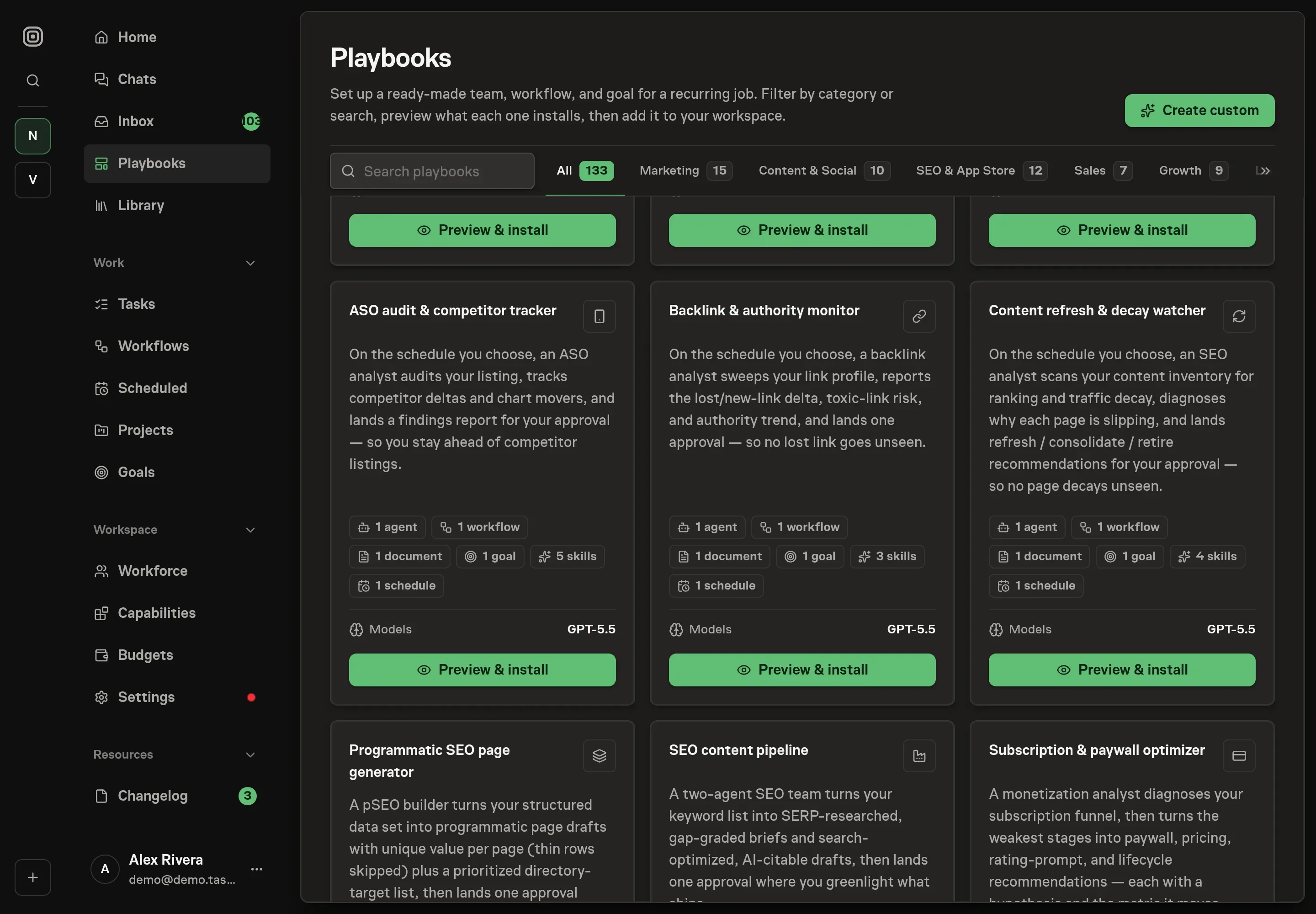 The playbook gallery with the ASO audit & competitor tracker card in the Seo category, listing one agent, one workflow, one document, one goal, five skills, and one schedule