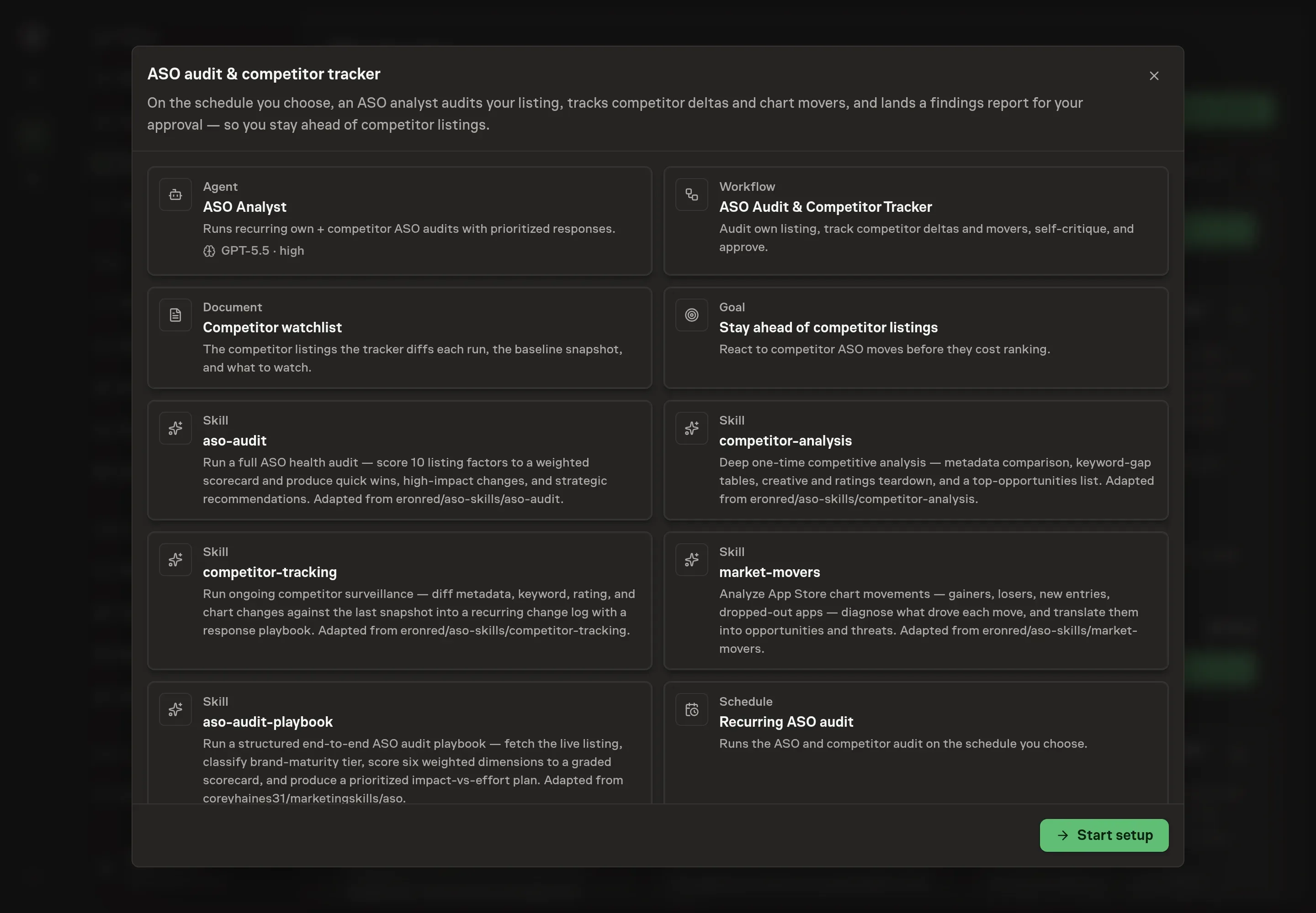 The ASO audit & competitor tracker preview listing the ASO Analyst, the workflow, the competitor watchlist document, the goal, all five skills, and the recurring schedule, with a Start setup button